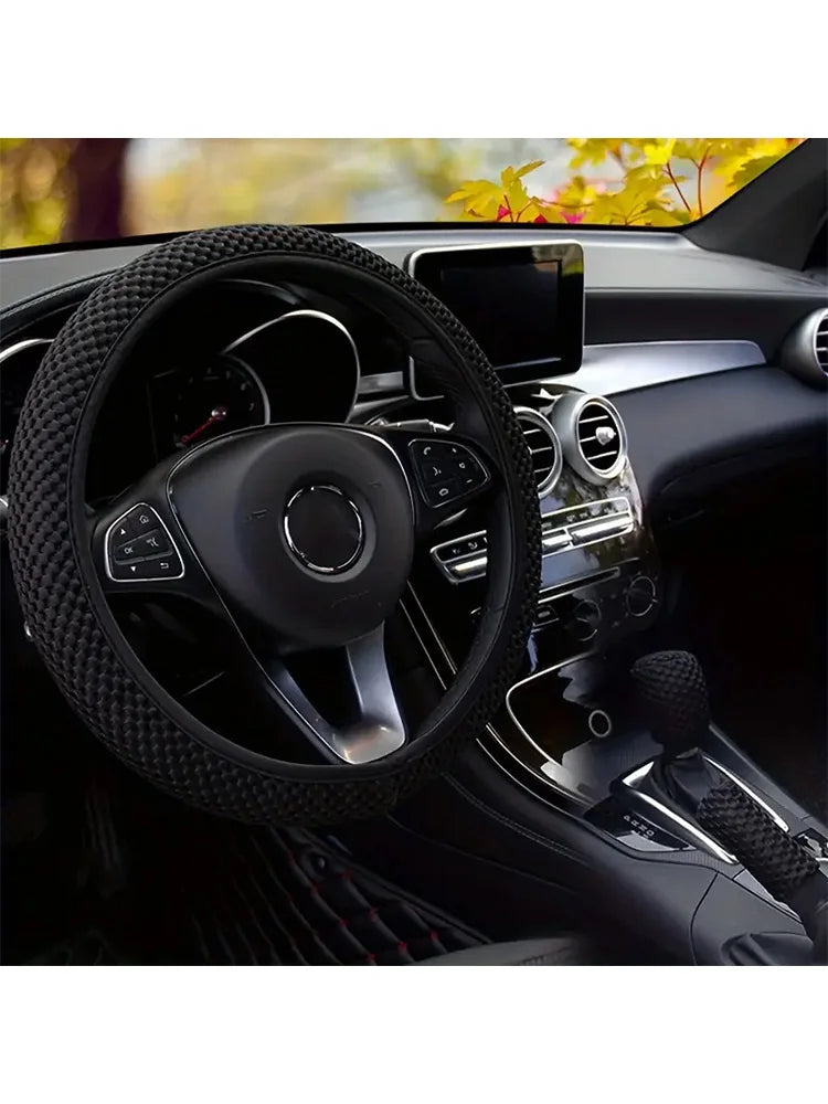 3 Car Massage Mesh Cloth Steering Wheel Cover Handbrake & Handle Cover Set Breathable No Inner Ring for 14.5-15 Inch Accessories