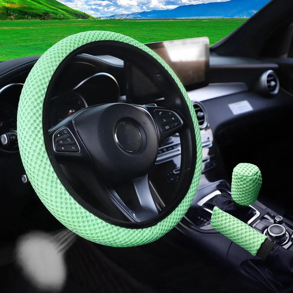 3 Car Massage Mesh Cloth Steering Wheel Cover Handbrake & Handle Cover Set Breathable No Inner Ring for 14.5-15 Inch Accessories