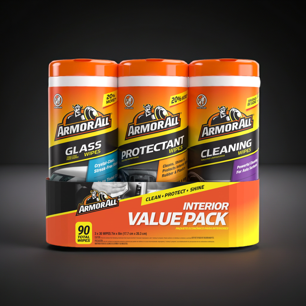 Armor All Car Interior Value Pack, 90 Count, Includes Auto Glass Cleaner, Cleaning Wipes and Protectant Wipes