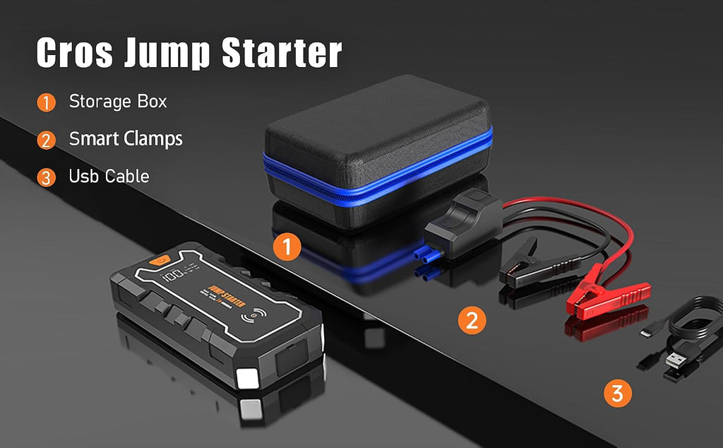 Cros 3500A Car Battery Jump Starter, 24000mAh Battery Booster Pack with Wireless Charger, 12V Portable Jump Box Jumper Starter for Up to 9.0L Gas & 7.0L Diesel Engines, Power Bank & LED Flashlight