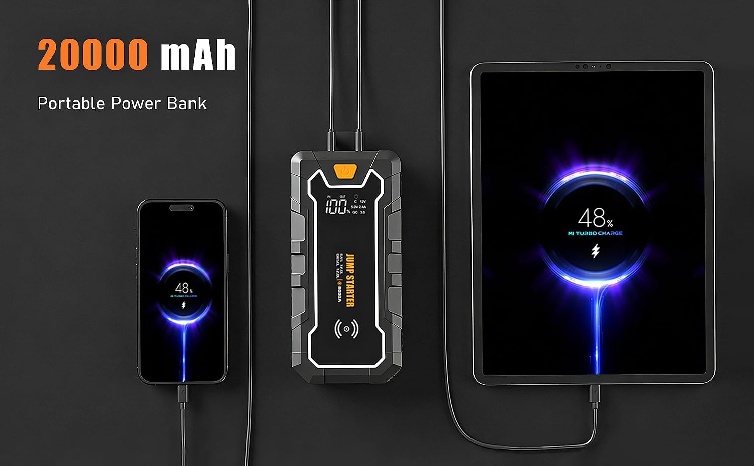 Cros 3500A Car Battery Jump Starter, 24000mAh Battery Booster Pack with Wireless Charger, 12V Portable Jump Box Jumper Starter for Up to 9.0L Gas & 7.0L Diesel Engines, Power Bank & LED Flashlight