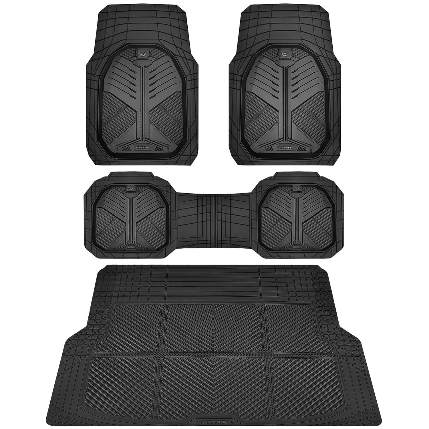CAR PASS Heavy Duty Rubber Car Mats, Deep-Dish Odorless Car Floor Mats All Weather, Universal Trim-to-Fit for SUVs Trucks Sedans, Waterproof Anti-Slip, 3 Pieces V12 Black