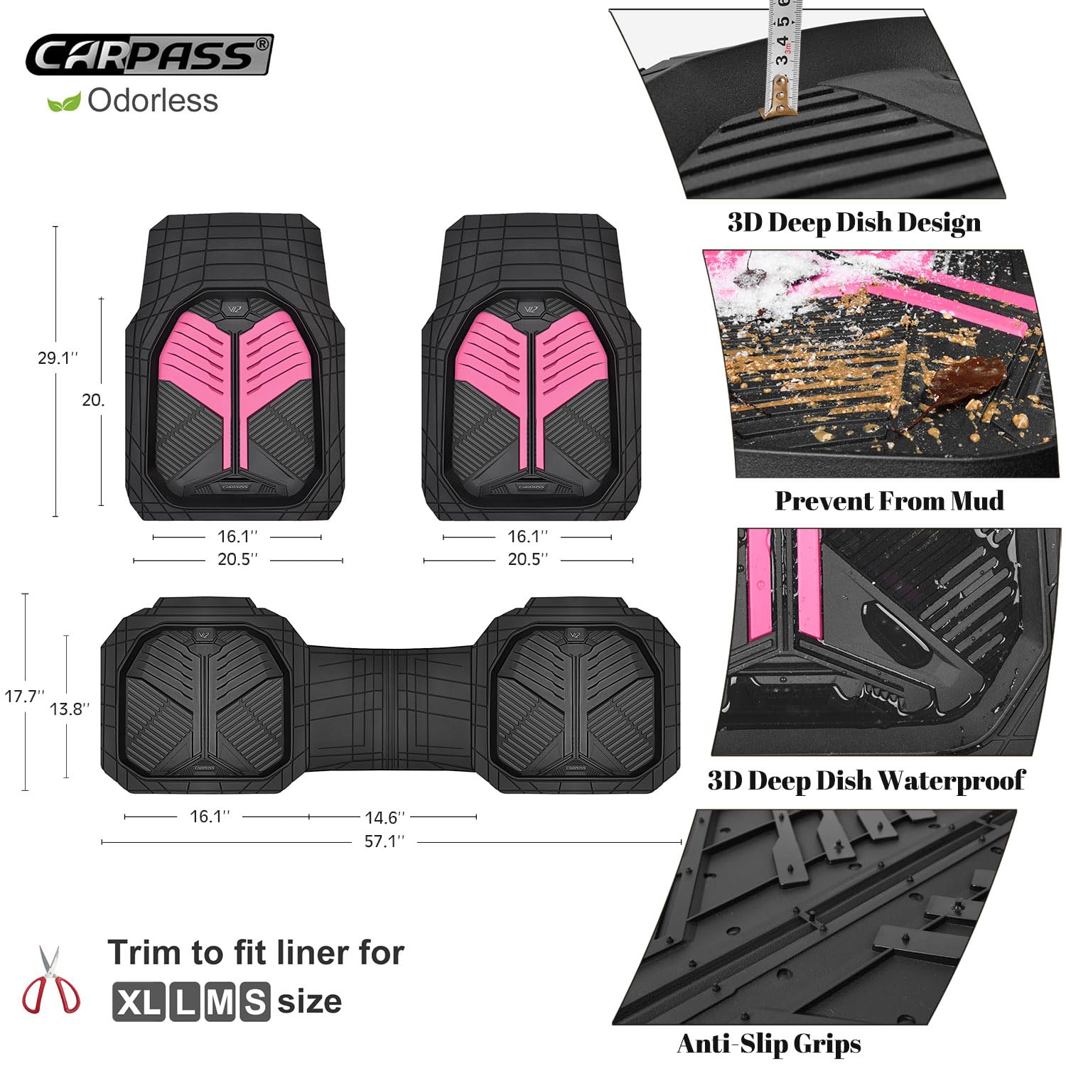 CAR PASS Heavy Duty Rubber Car Mats, Deep-Dish Odorless Car Floor Mats All Weather, Universal Trim-to-Fit for SUVs Trucks Sedans, Waterproof Anti-Slip, 3 Pieces V12 Black