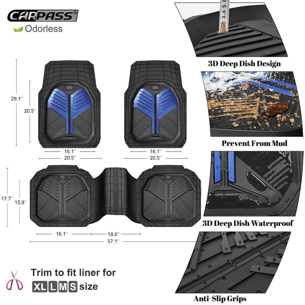 CAR PASS Heavy Duty Rubber Car Mats, Deep-Dish Odorless Car Floor Mats All Weather, Universal Trim-to-Fit for SUVs Trucks Sedans, Waterproof Anti-Slip, 3 Pieces V12 Black
