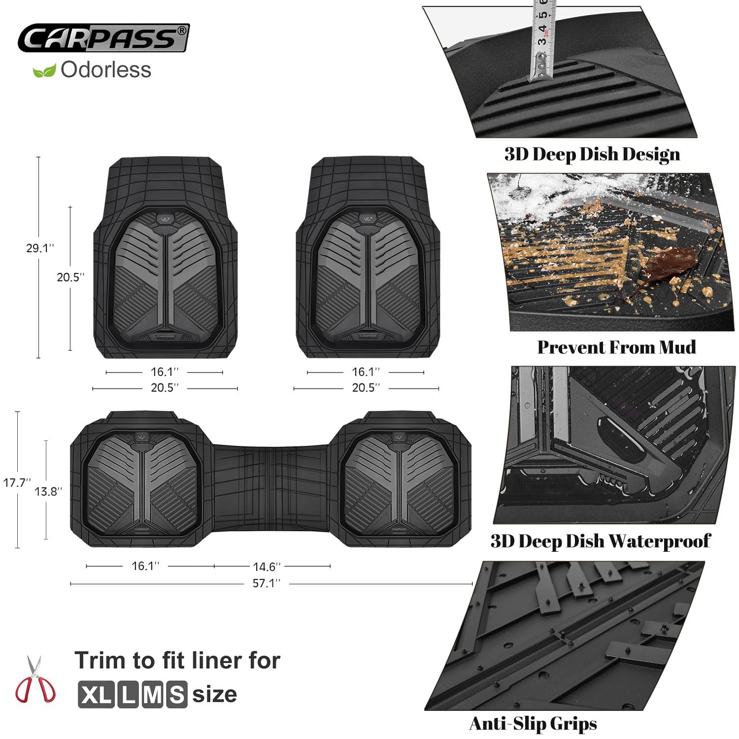CAR PASS Heavy Duty Rubber Car Mats, Deep-Dish Odorless Car Floor Mats All Weather, Universal Trim-to-Fit for SUVs Trucks Sedans, Waterproof Anti-Slip, 3 Pieces V12 Black