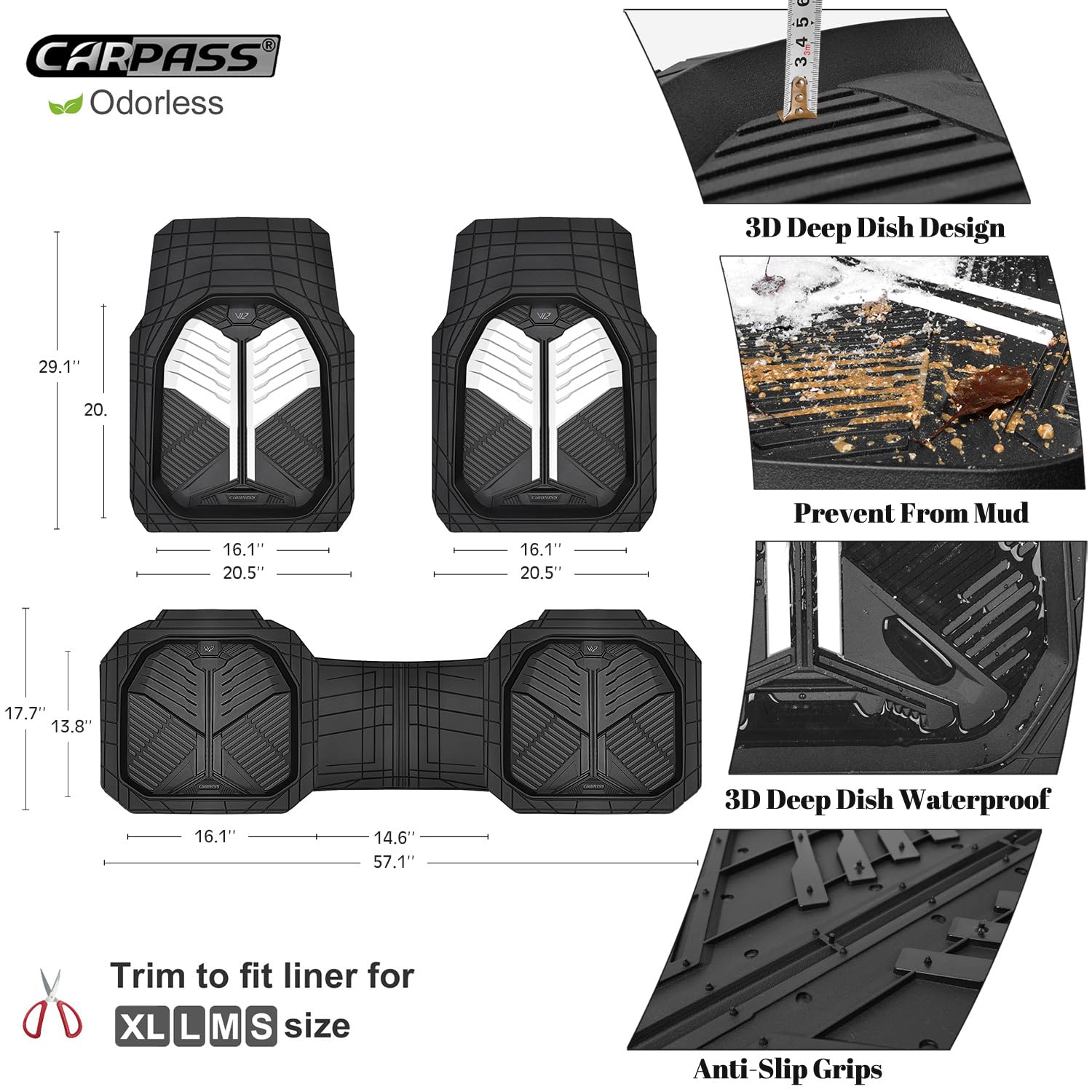 CAR PASS Heavy Duty Rubber Car Mats, Deep-Dish Odorless Car Floor Mats All Weather, Universal Trim-to-Fit for SUVs Trucks Sedans, Waterproof Anti-Slip, 3 Pieces V12 Black