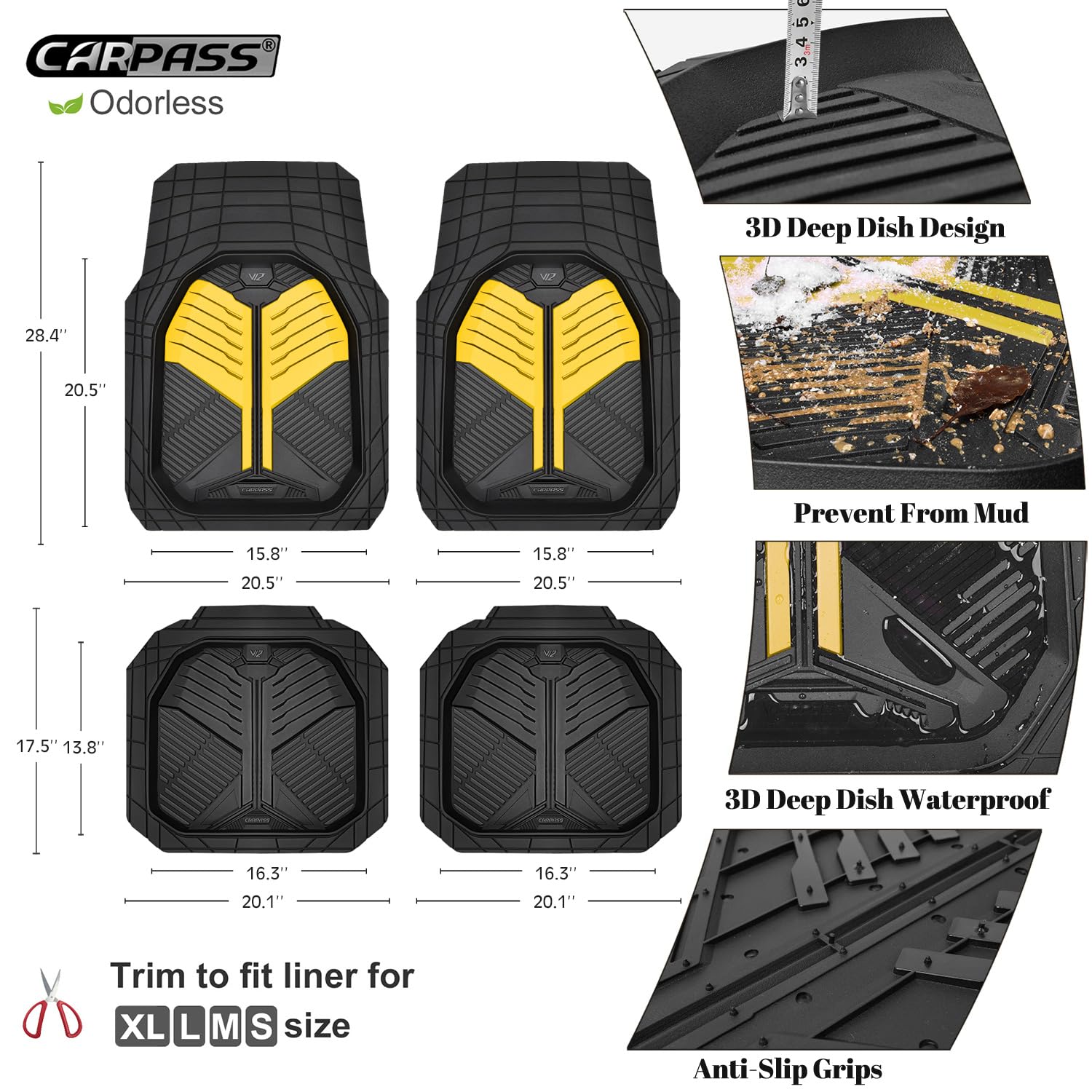 CAR PASS Heavy Duty Rubber Car Mats, Deep-Dish Odorless Car Floor Mats All Weather, Universal Trim-to-Fit for SUVs Trucks Sedans, Waterproof Anti-Slip, 3 Pieces V12 Black