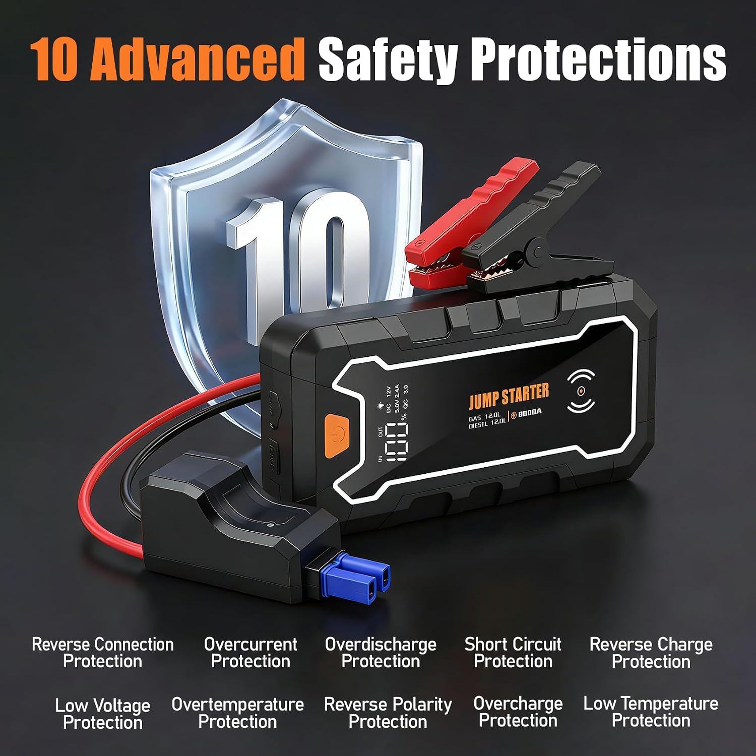 Cros 3500A Car Battery Jump Starter, 24000mAh Battery Booster Pack with Wireless Charger, 12V Portable Jump Box Jumper Starter for Up to 9.0L Gas & 7.0L Diesel Engines, Power Bank & LED Flashlight