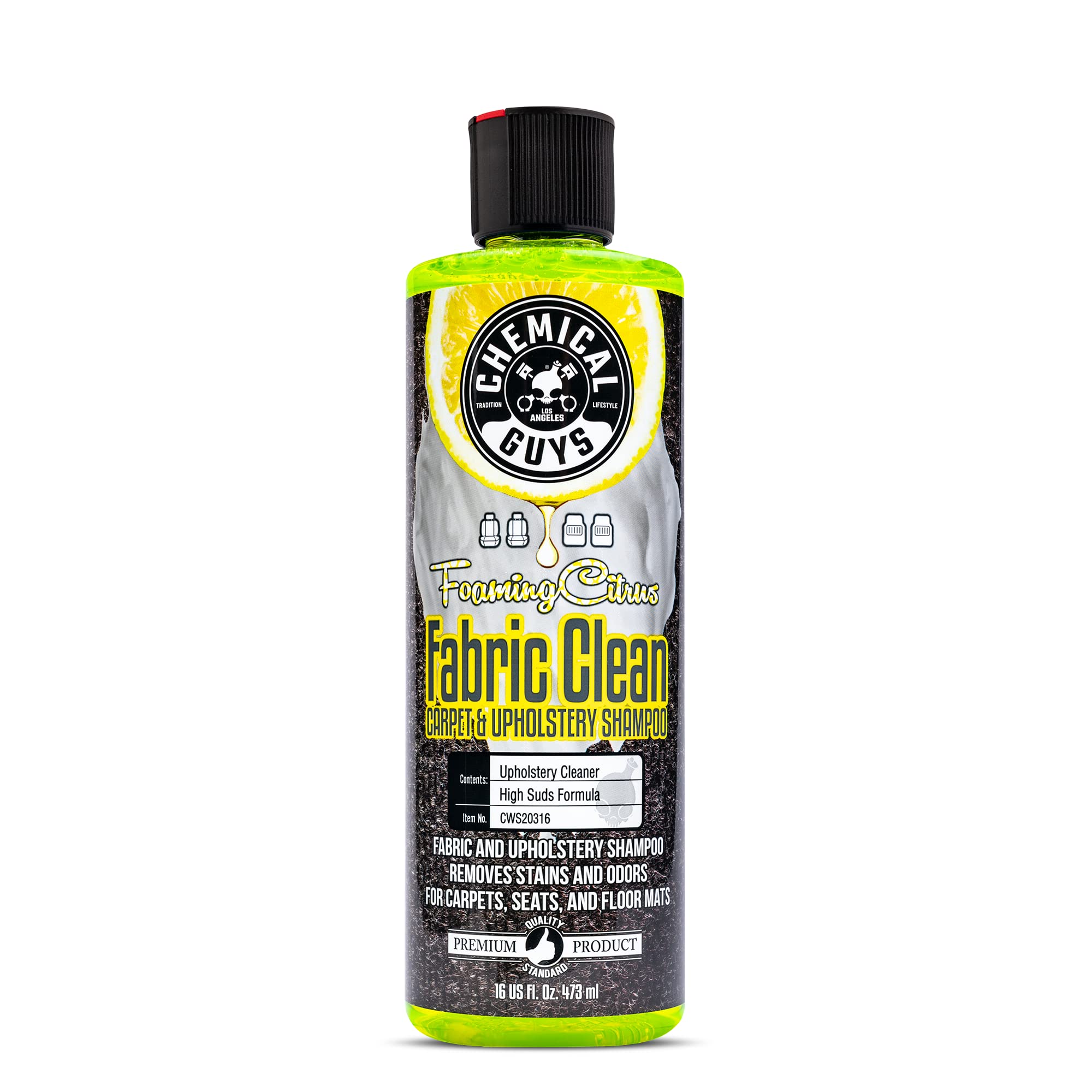 Chemical Guys, Citrus Foaming Fabric & Carpet Cleaner Drill Brush, 16 oz | Lifts coffee, food and pet stains and odors from carpet, mats and upholstery, drill brush agitates, citrus scent