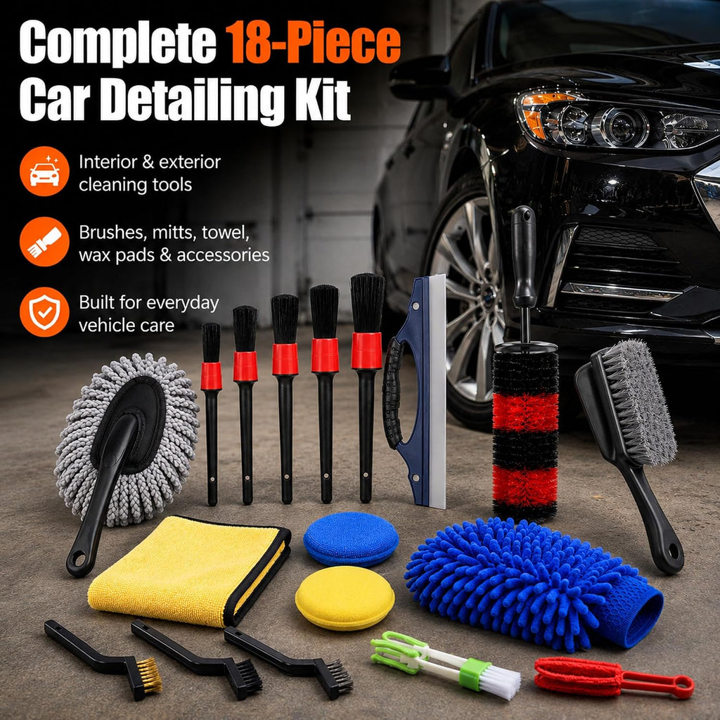 18-Piece Car Detailing Kit – Complete Car Interior Detailing Kit and Exterior Cleaning Set with Detail Brushes, Wire Brushes, Waxing Mop, and Microfiber Accessories for Vehicles