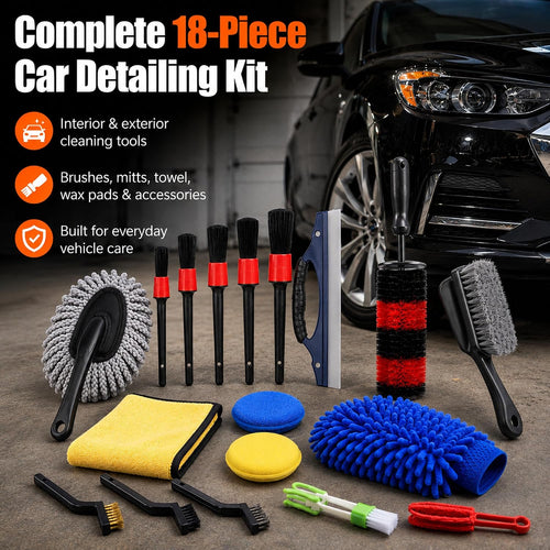18-Piece Car Detailing Kit – Complete Car Interior Detailing Kit and Exterior Cleaning Set with Detail Brushes, Wire Brushes, Waxing Mop, and Microfiber Accessories for Vehicles