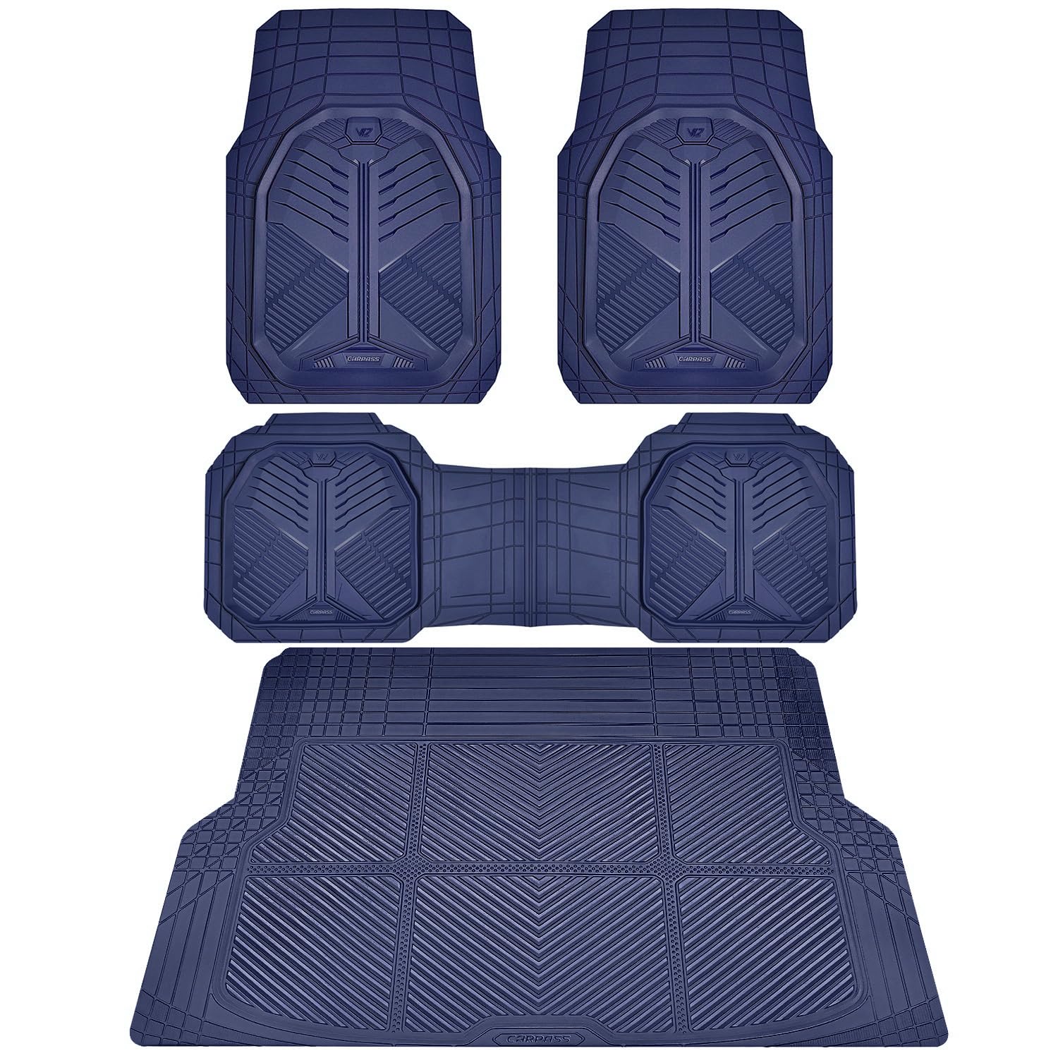 CAR PASS Heavy Duty Rubber Car Mats, Deep-Dish Odorless Car Floor Mats All Weather, Universal Trim-to-Fit for SUVs Trucks Sedans, Waterproof Anti-Slip, 3 Pieces V12 Black
