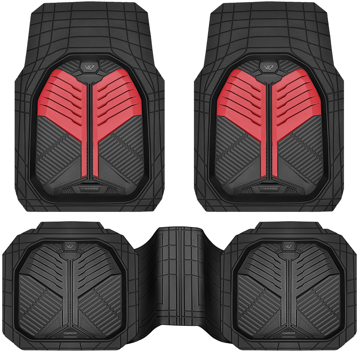 CAR PASS Heavy Duty Rubber Car Mats, Deep-Dish Odorless Car Floor Mats All Weather, Universal Trim-to-Fit for SUVs Trucks Sedans, Waterproof Anti-Slip, 3 Pieces V12 Black