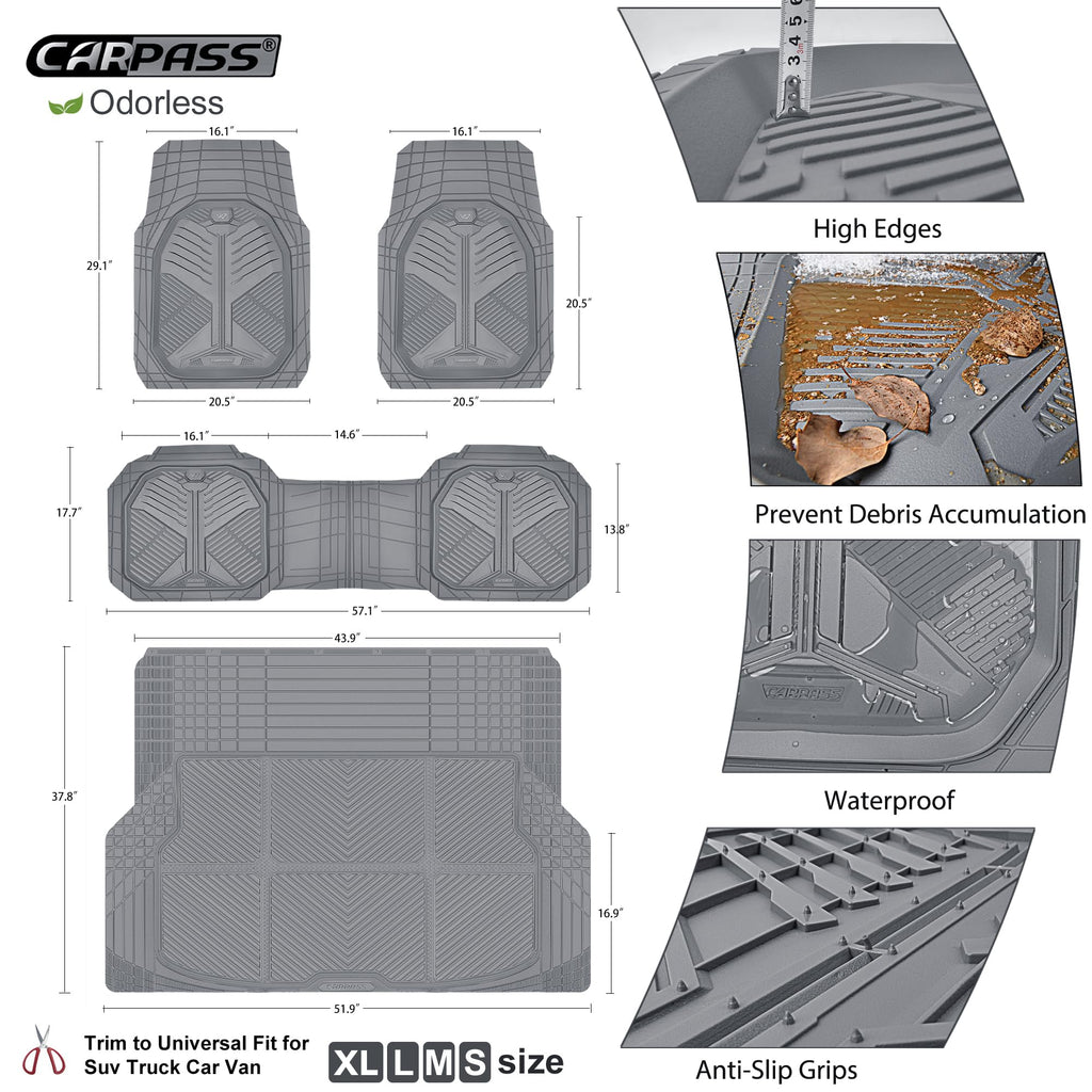 CAR PASS Heavy Duty Rubber Car Mats, Deep-Dish Odorless Car Floor Mats All Weather, Universal Trim-to-Fit for SUVs Trucks Sedans, Waterproof Anti-Slip, 3 Pieces V12 Black