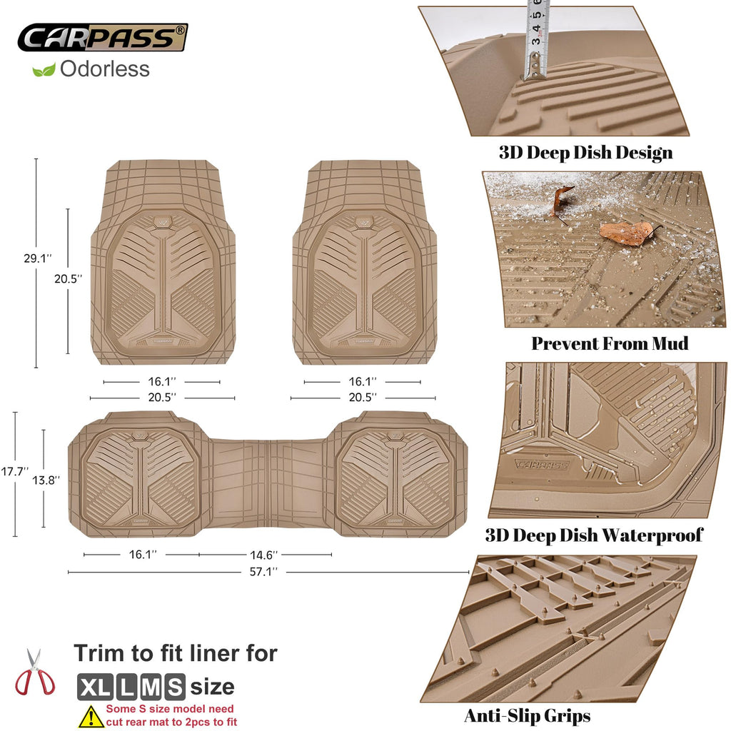 CAR PASS Heavy Duty Rubber Car Mats, Deep-Dish Odorless Car Floor Mats All Weather, Universal Trim-to-Fit for SUVs Trucks Sedans, Waterproof Anti-Slip, 3 Pieces V12 Black