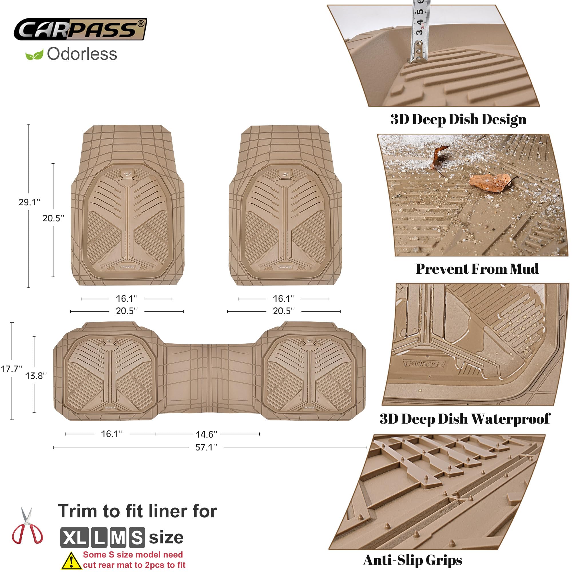 CAR PASS Heavy Duty Rubber Car Mats, Deep-Dish Odorless Car Floor Mats All Weather, Universal Trim-to-Fit for SUVs Trucks Sedans, Waterproof Anti-Slip, 3 Pieces V12 Black