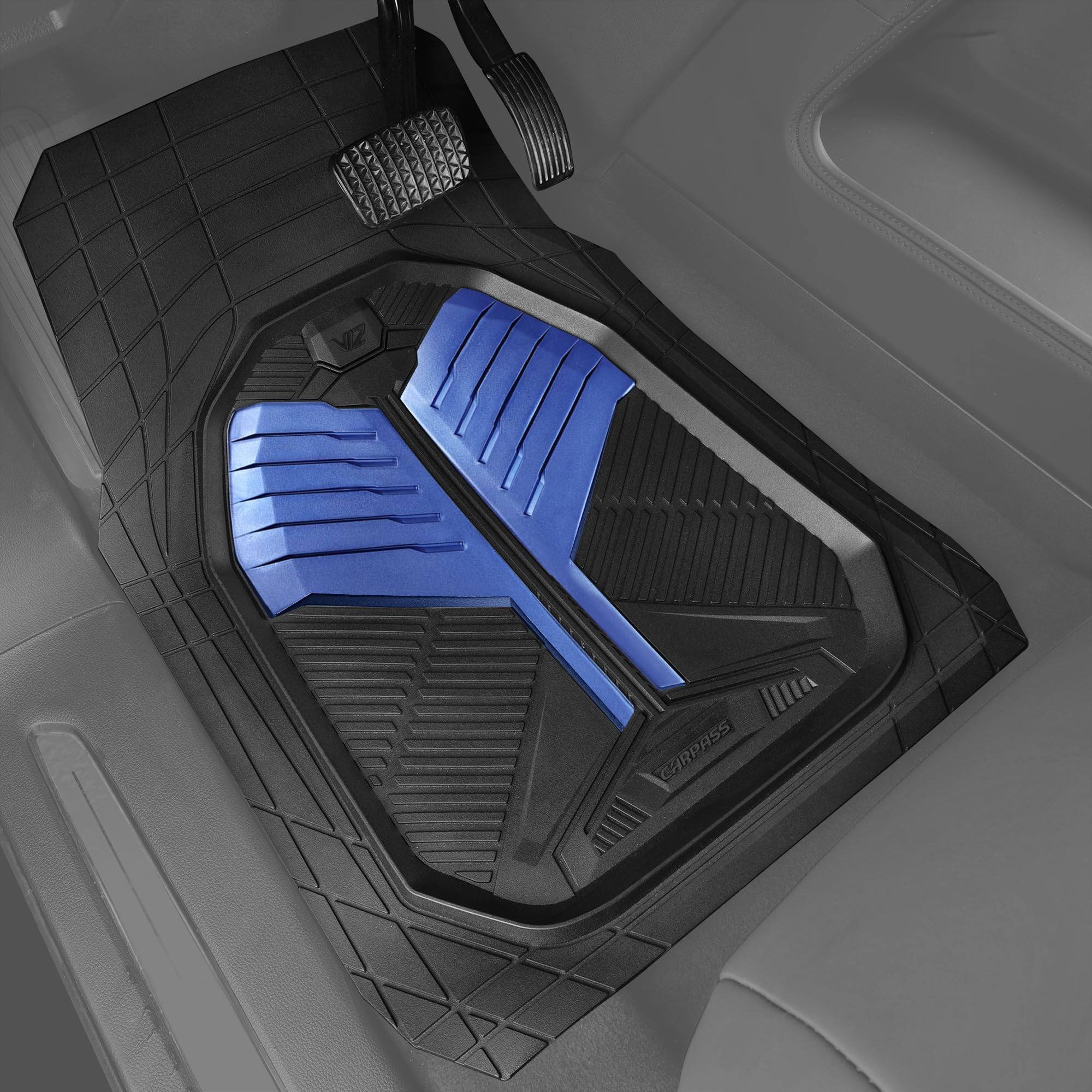 CAR PASS Heavy Duty Rubber Car Mats, Deep-Dish Odorless Car Floor Mats All Weather, Universal Trim-to-Fit for SUVs Trucks Sedans, Waterproof Anti-Slip, 3 Pieces V12 Black