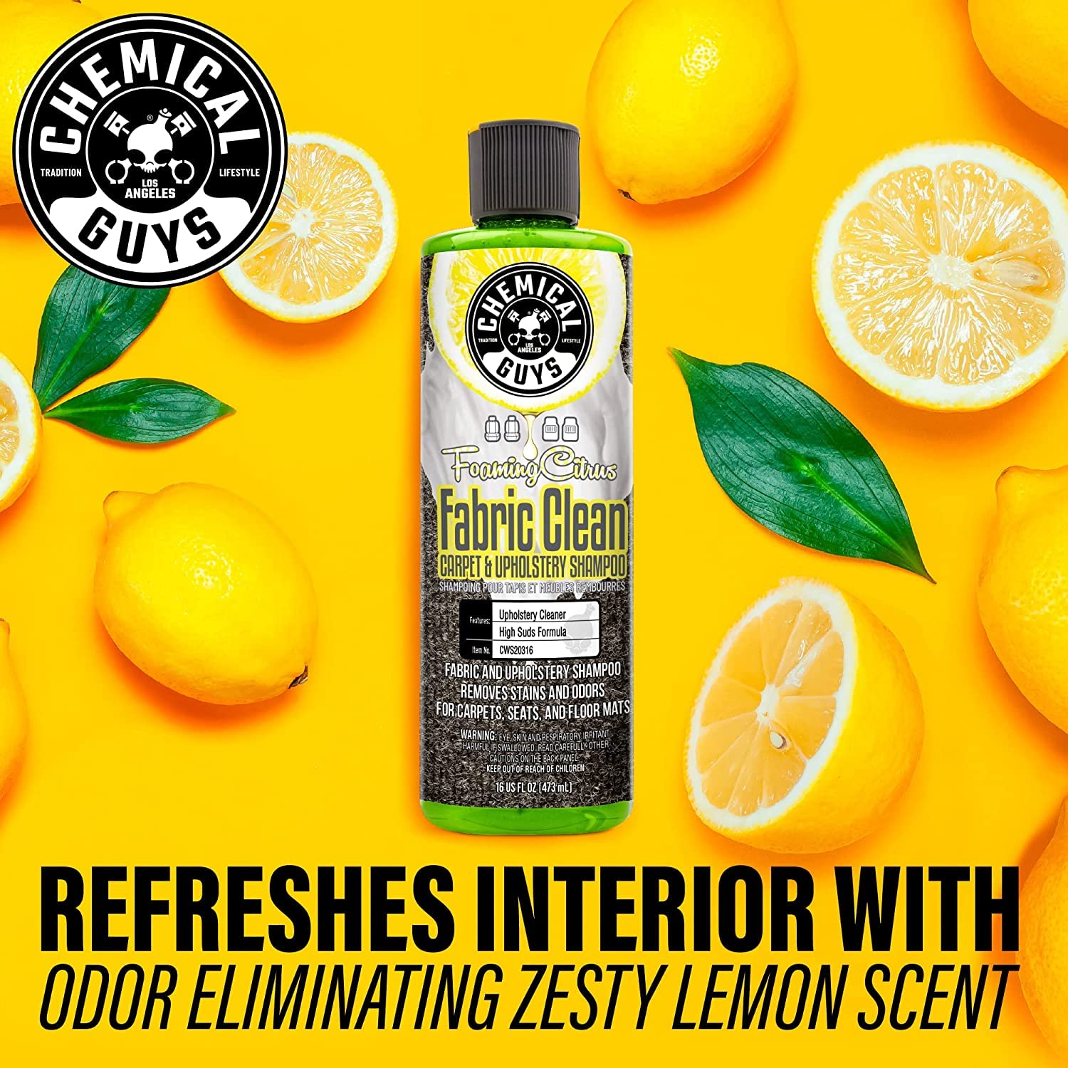 Chemical Guys, Citrus Foaming Fabric & Carpet Cleaner Drill Brush, 16 oz | Lifts coffee, food and pet stains and odors from carpet, mats and upholstery, drill brush agitates, citrus scent
