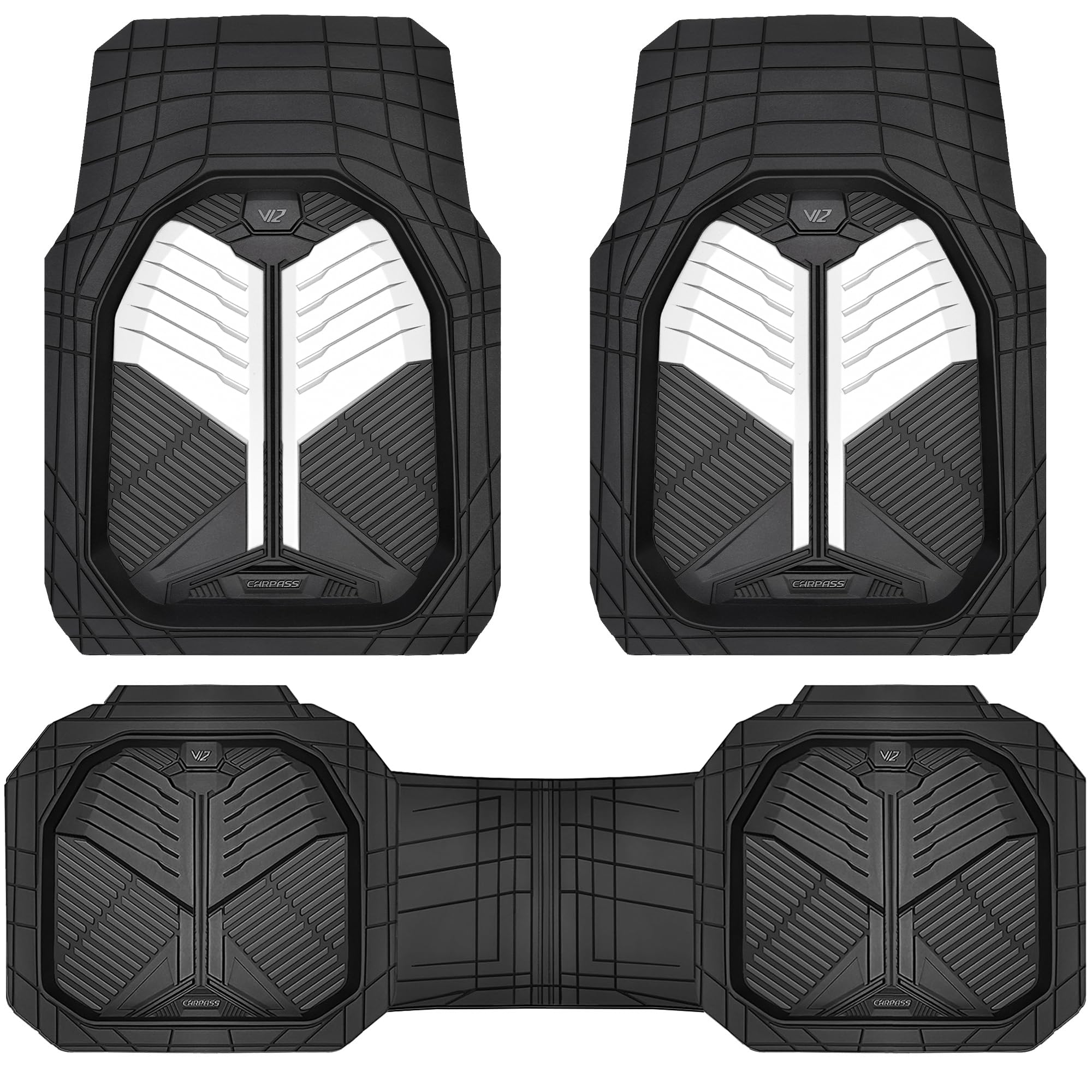 CAR PASS Heavy Duty Rubber Car Mats, Deep-Dish Odorless Car Floor Mats All Weather, Universal Trim-to-Fit for SUVs Trucks Sedans, Waterproof Anti-Slip, 3 Pieces V12 Black