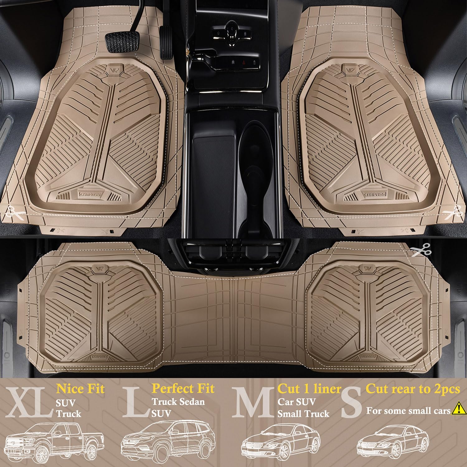 CAR PASS Heavy Duty Rubber Car Mats, Deep-Dish Odorless Car Floor Mats All Weather, Universal Trim-to-Fit for SUVs Trucks Sedans, Waterproof Anti-Slip, 3 Pieces V12 Black