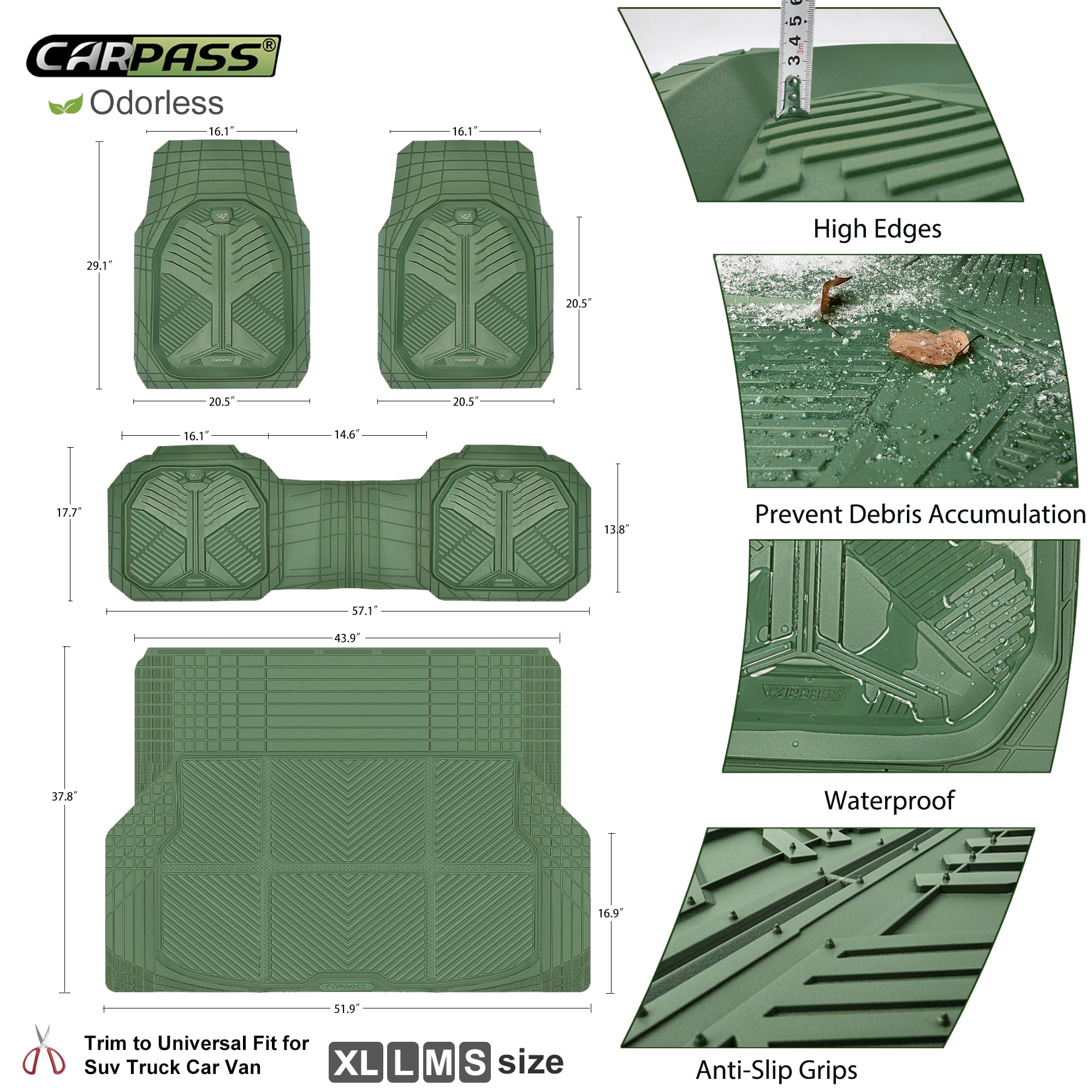 CAR PASS Heavy Duty Rubber Car Mats, Deep-Dish Odorless Car Floor Mats All Weather, Universal Trim-to-Fit for SUVs Trucks Sedans, Waterproof Anti-Slip, 3 Pieces V12 Black