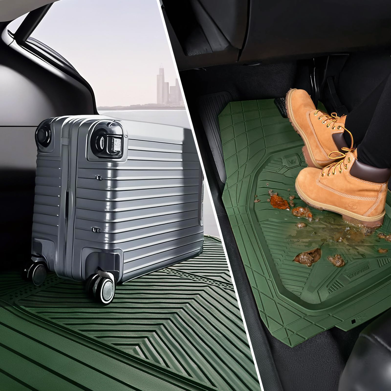 CAR PASS Heavy Duty Rubber Car Mats, Deep-Dish Odorless Car Floor Mats All Weather, Universal Trim-to-Fit for SUVs Trucks Sedans, Waterproof Anti-Slip, 3 Pieces V12 Black