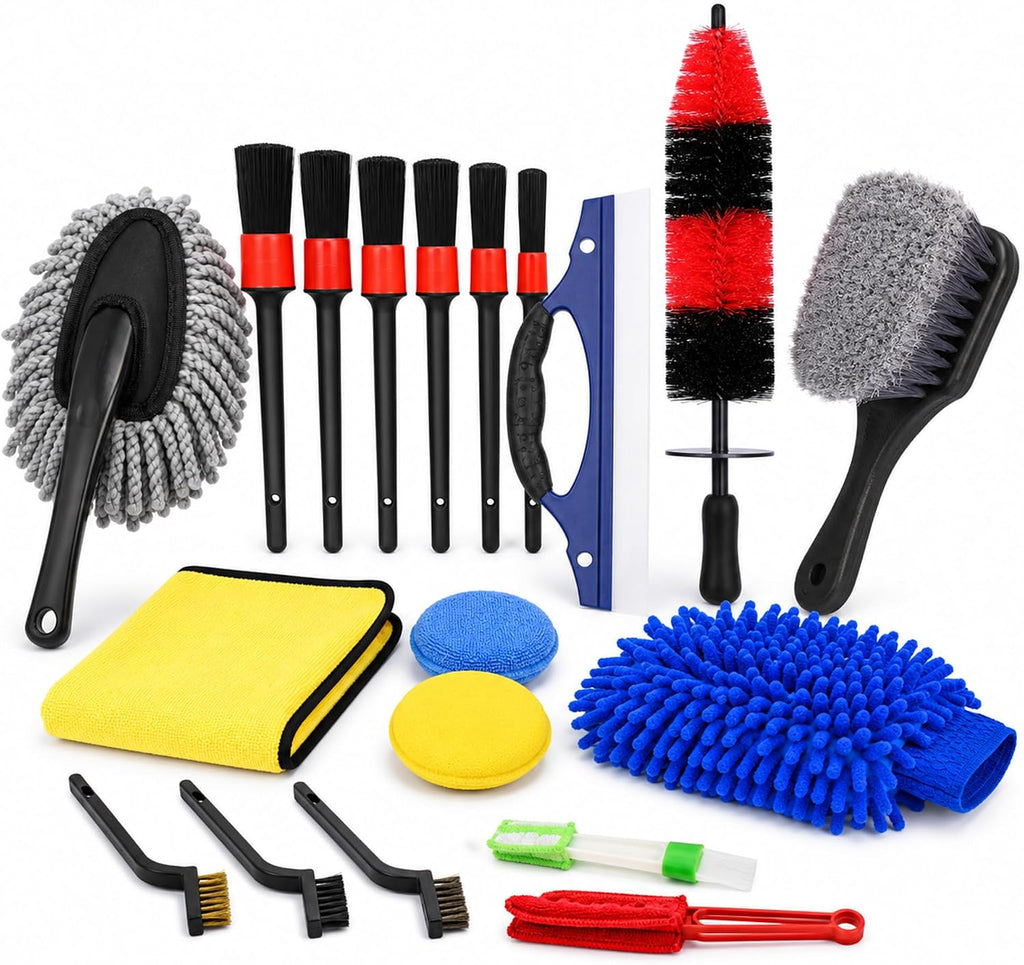 18-Piece Car Detailing Kit – Complete Car Interior Detailing Kit and Exterior Cleaning Set with Detail Brushes, Wire Brushes, Waxing Mop, and Microfiber Accessories for Vehicles