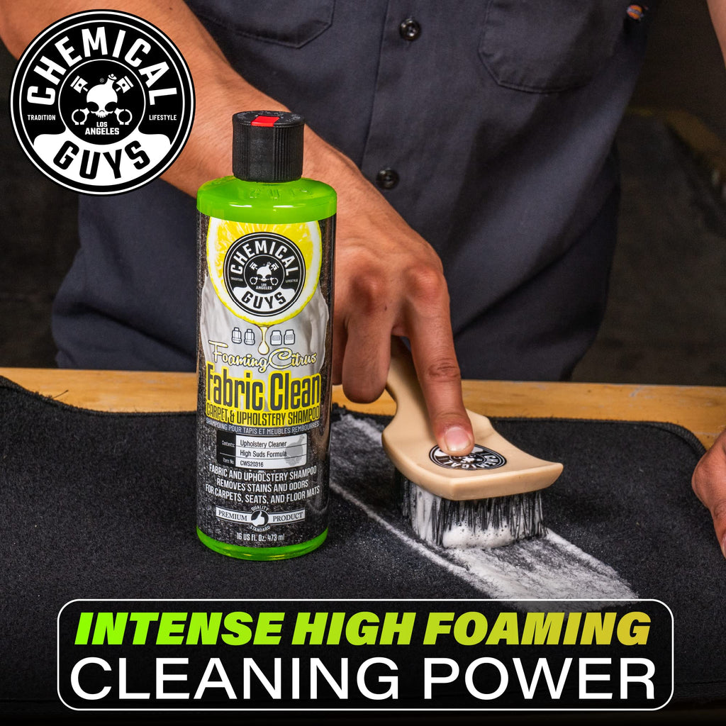 Chemical Guys, Citrus Foaming Fabric & Carpet Cleaner Drill Brush, 16 oz | Lifts coffee, food and pet stains and odors from carpet, mats and upholstery, drill brush agitates, citrus scent