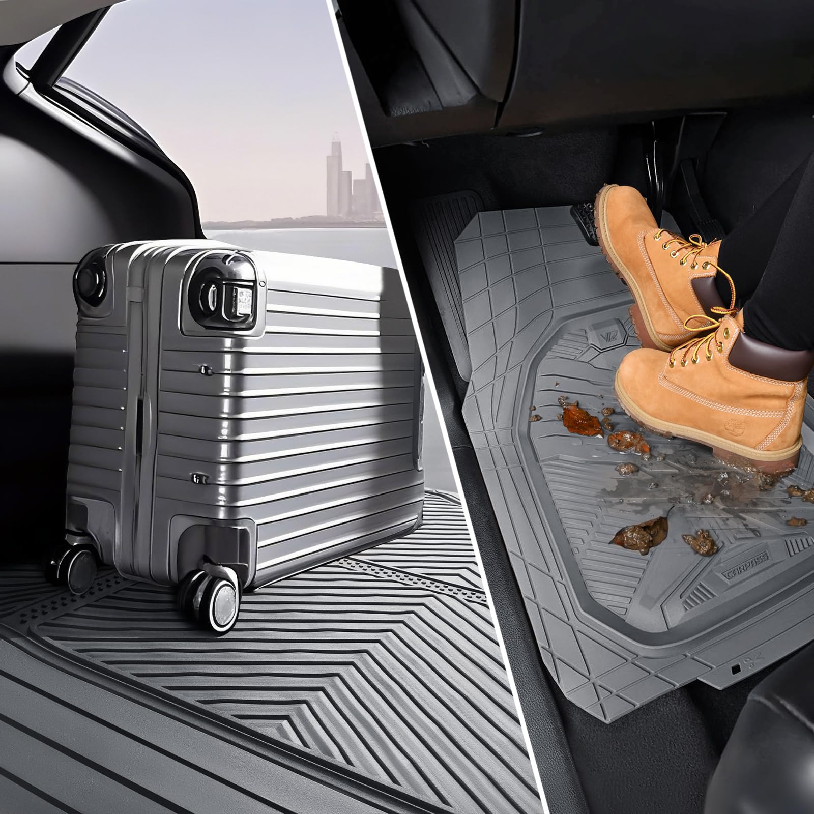 CAR PASS Heavy Duty Rubber Car Mats, Deep-Dish Odorless Car Floor Mats All Weather, Universal Trim-to-Fit for SUVs Trucks Sedans, Waterproof Anti-Slip, 3 Pieces V12 Black