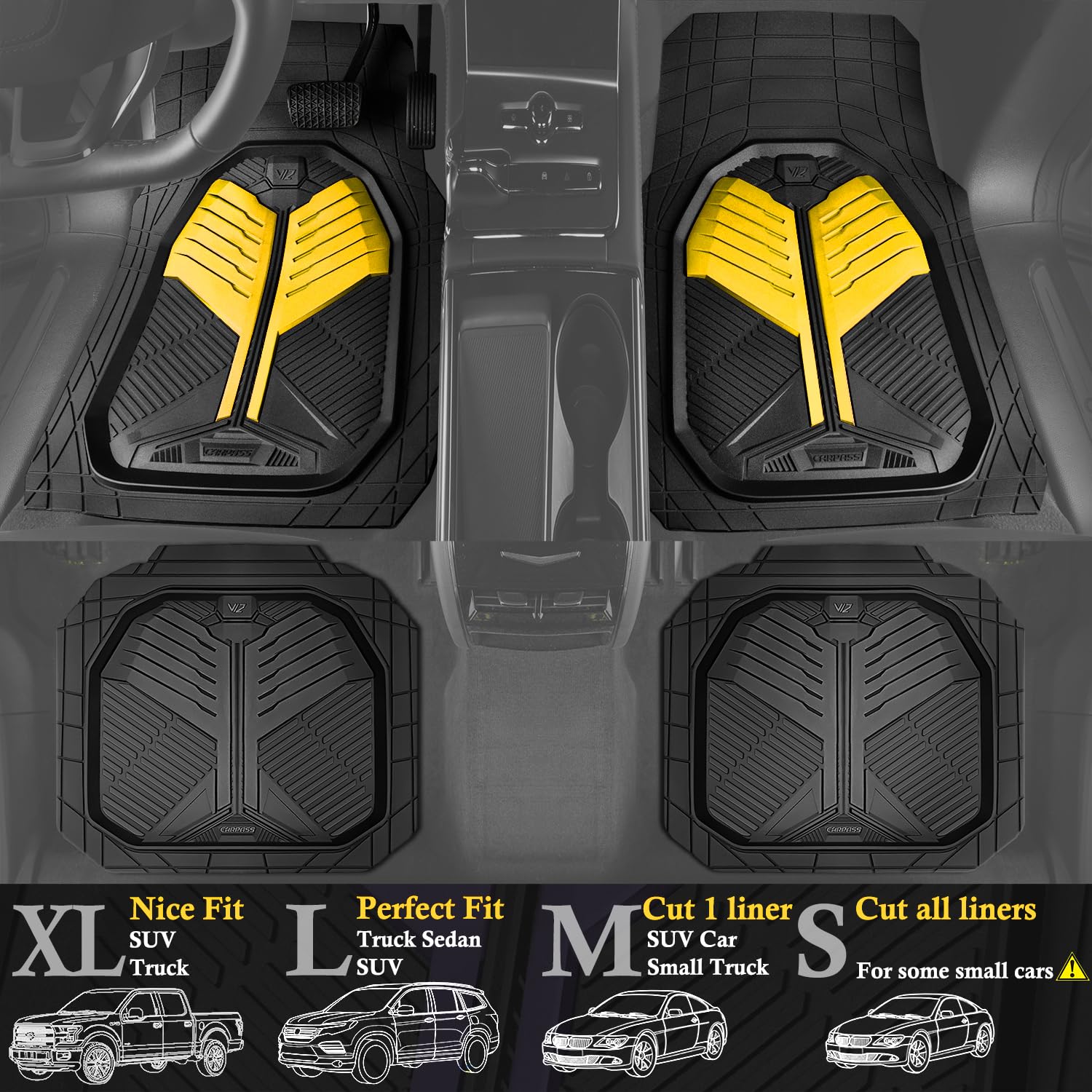 CAR PASS Heavy Duty Rubber Car Mats, Deep-Dish Odorless Car Floor Mats All Weather, Universal Trim-to-Fit for SUVs Trucks Sedans, Waterproof Anti-Slip, 3 Pieces V12 Black