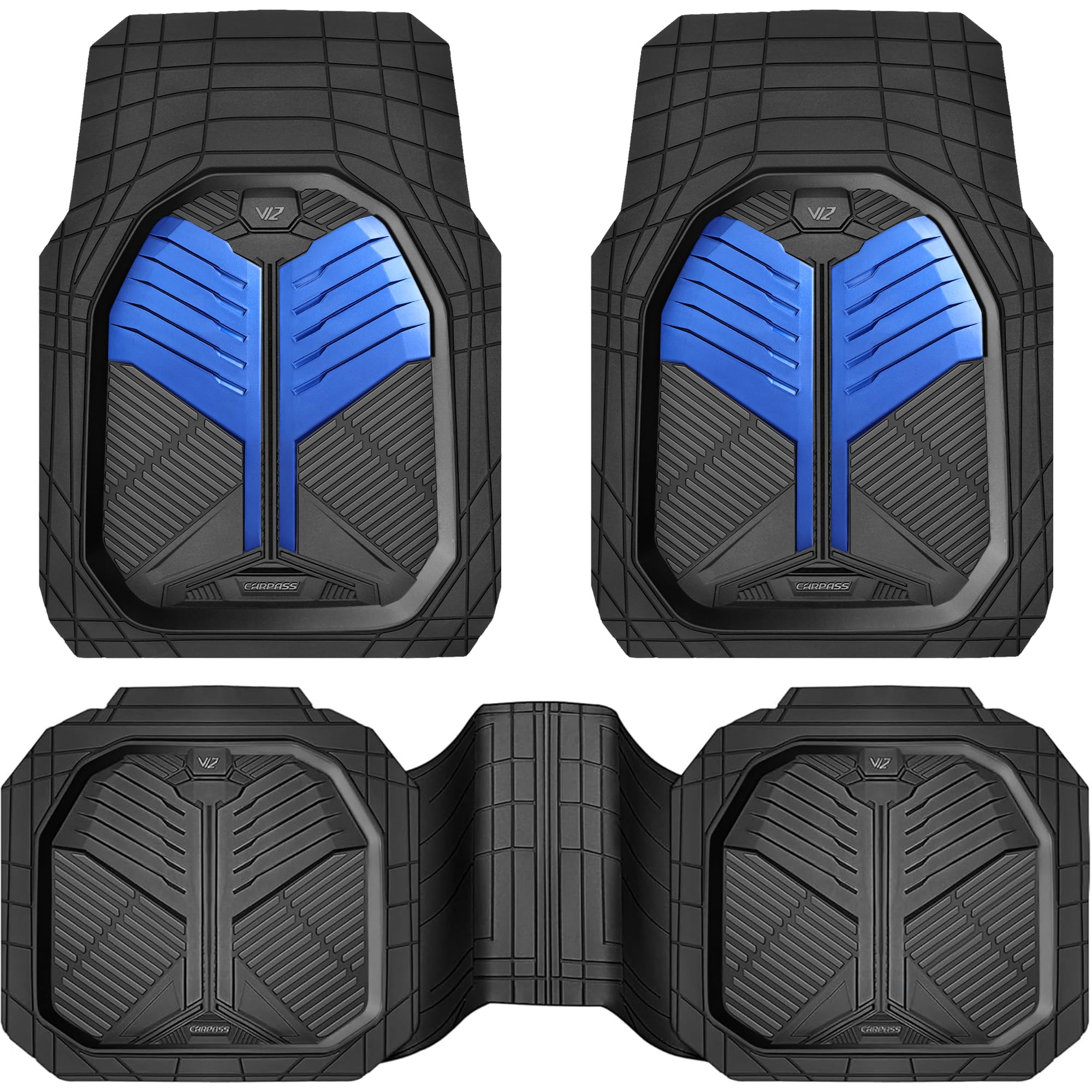 CAR PASS Heavy Duty Rubber Car Mats, Deep-Dish Odorless Car Floor Mats All Weather, Universal Trim-to-Fit for SUVs Trucks Sedans, Waterproof Anti-Slip, 3 Pieces V12 Black