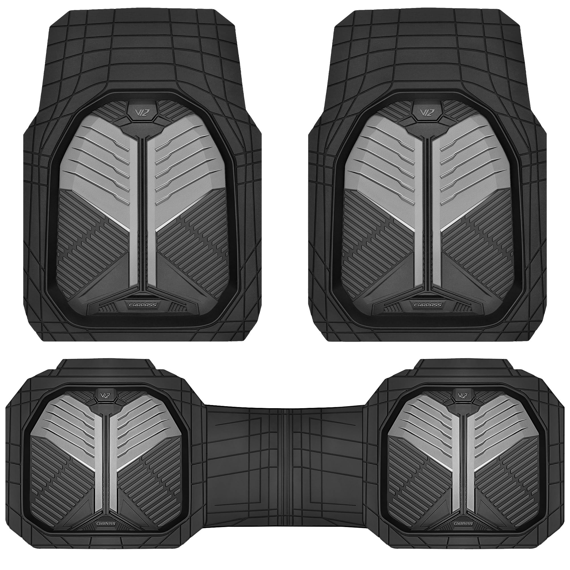 CAR PASS Heavy Duty Rubber Car Mats, Deep-Dish Odorless Car Floor Mats All Weather, Universal Trim-to-Fit for SUVs Trucks Sedans, Waterproof Anti-Slip, 3 Pieces V12 Black