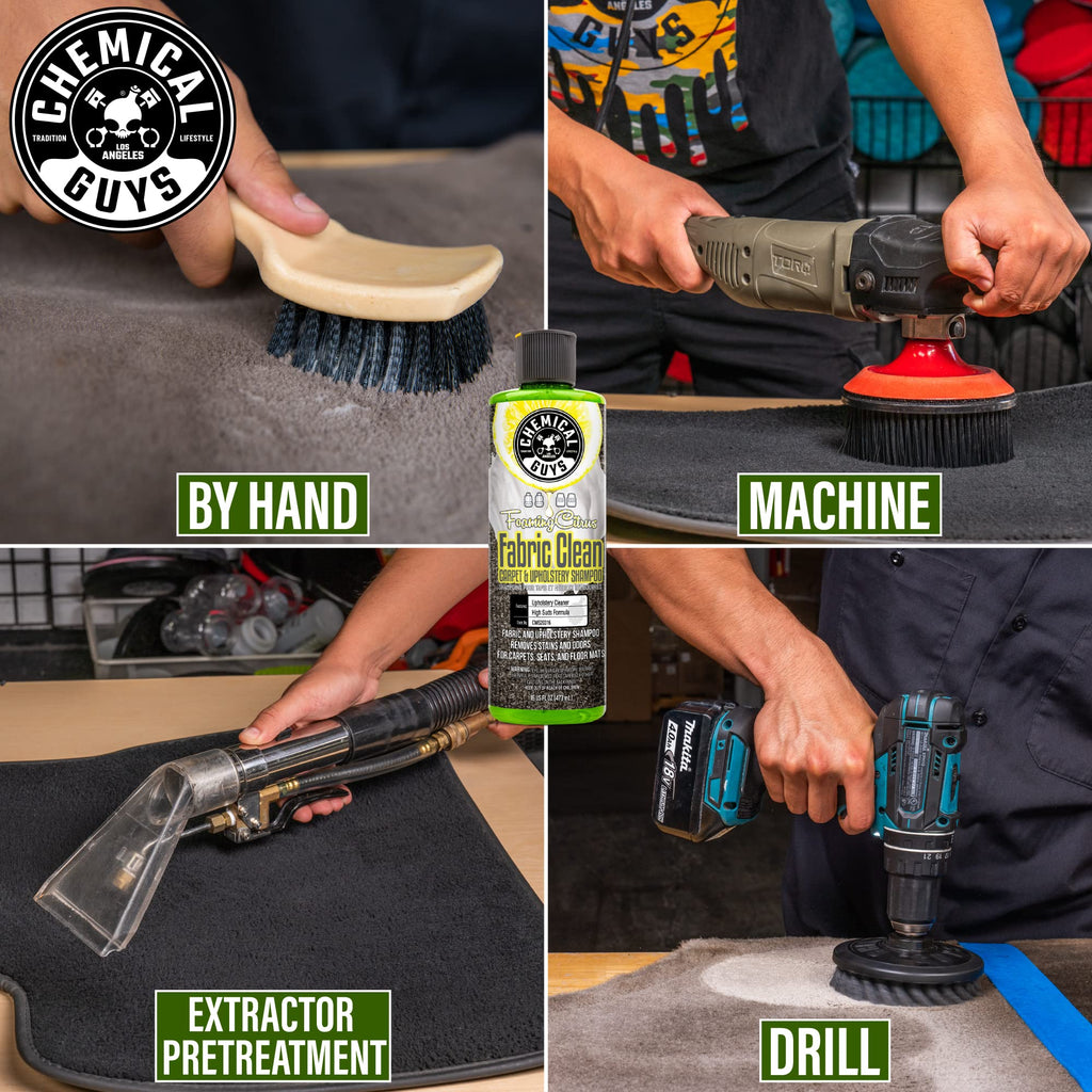 Chemical Guys, Citrus Foaming Fabric & Carpet Cleaner Drill Brush, 16 oz | Lifts coffee, food and pet stains and odors from carpet, mats and upholstery, drill brush agitates, citrus scent