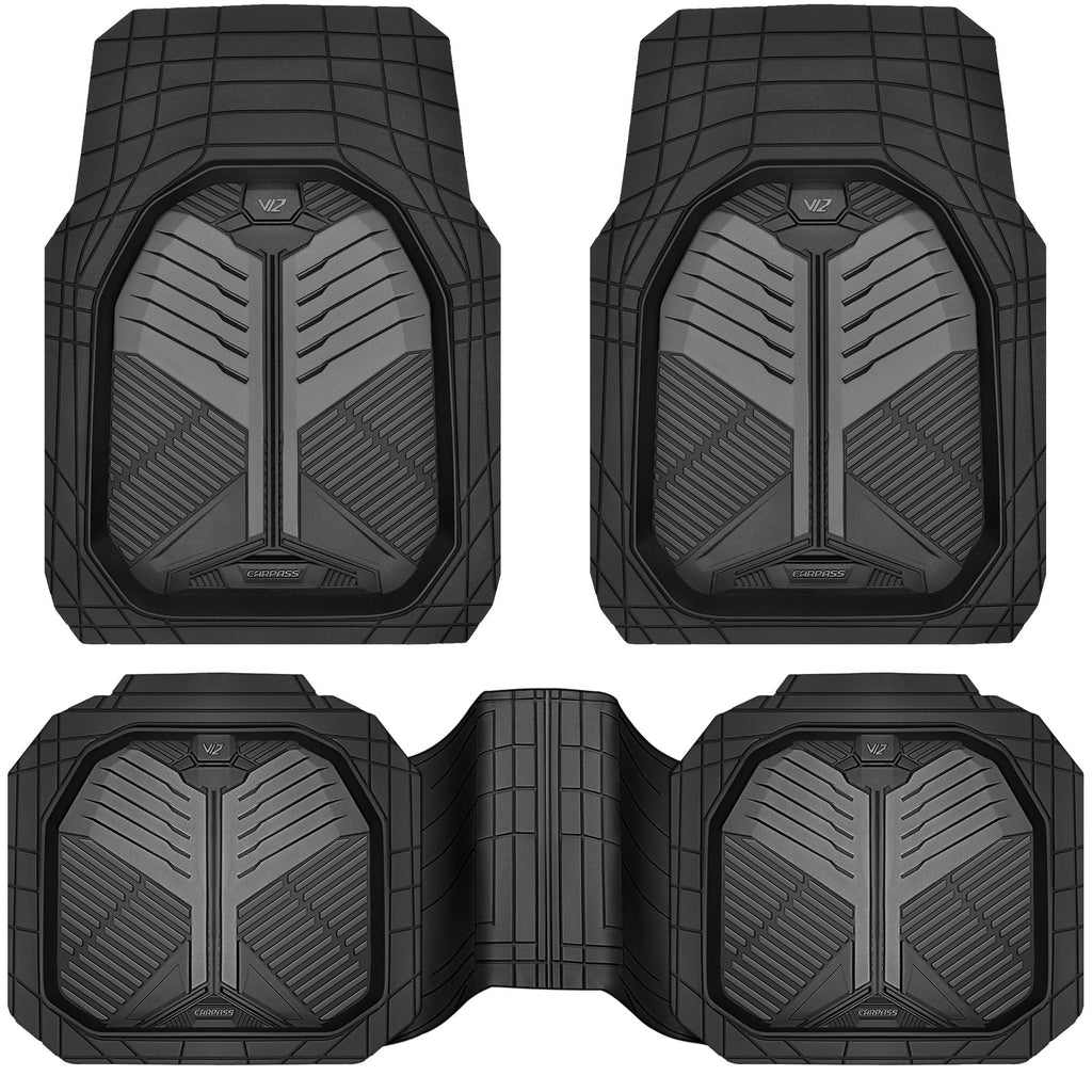 CAR PASS Heavy Duty Rubber Car Mats, Deep-Dish Odorless Car Floor Mats All Weather, Universal Trim-to-Fit for SUVs Trucks Sedans, Waterproof Anti-Slip, 3 Pieces V12 Black