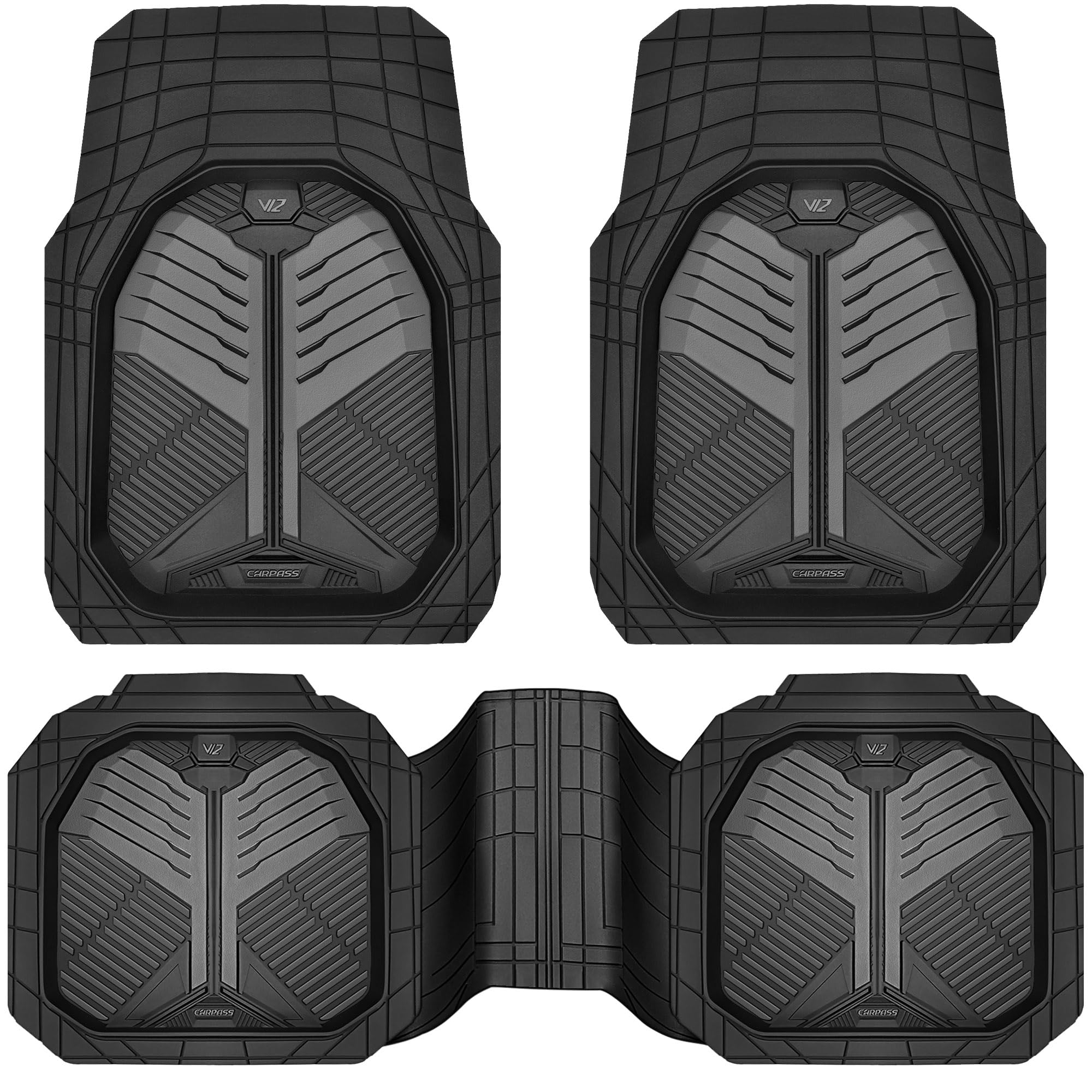 CAR PASS Heavy Duty Rubber Car Mats, Deep-Dish Odorless Car Floor Mats All Weather, Universal Trim-to-Fit for SUVs Trucks Sedans, Waterproof Anti-Slip, 3 Pieces V12 Black
