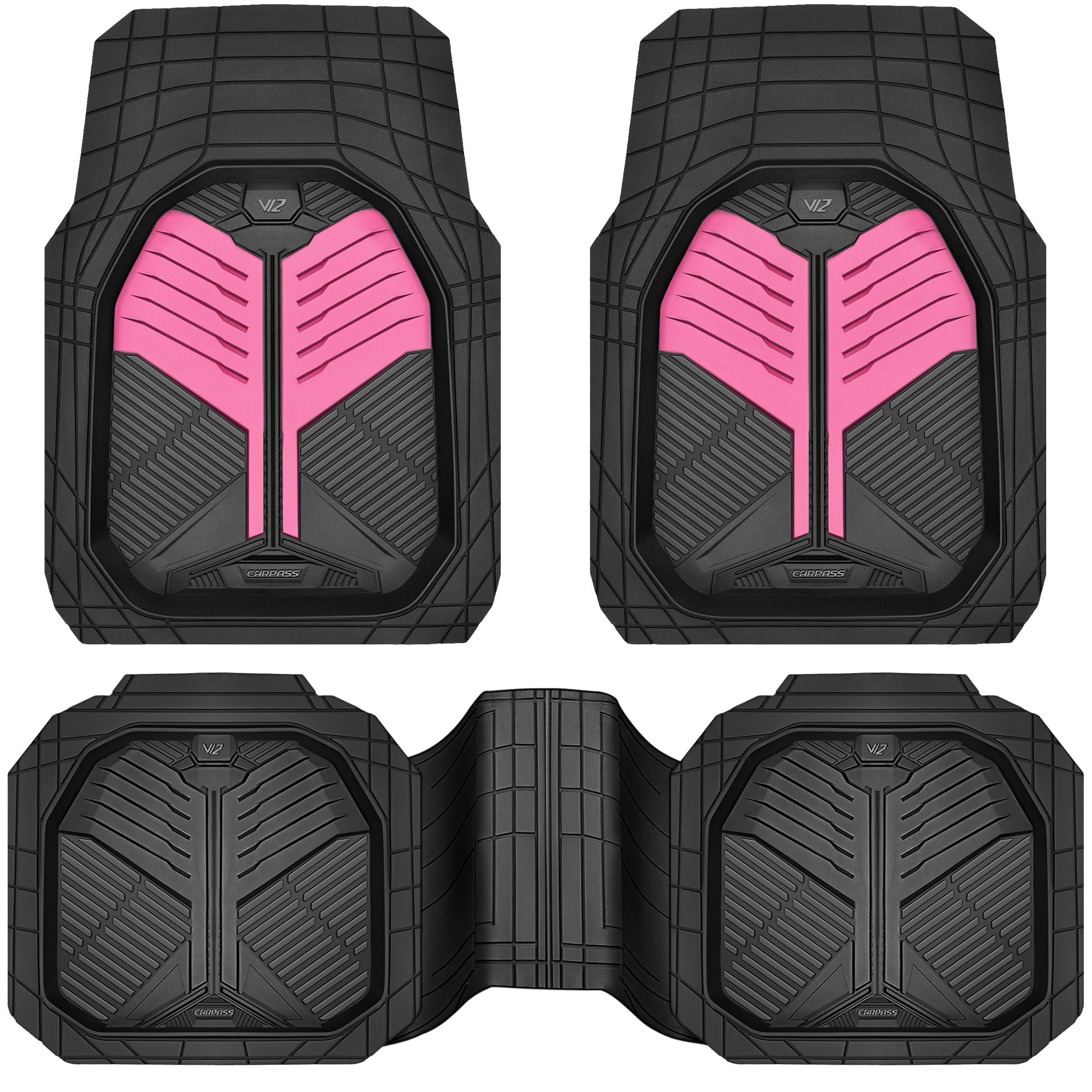 CAR PASS Heavy Duty Rubber Car Mats, Deep-Dish Odorless Car Floor Mats All Weather, Universal Trim-to-Fit for SUVs Trucks Sedans, Waterproof Anti-Slip, 3 Pieces V12 Black