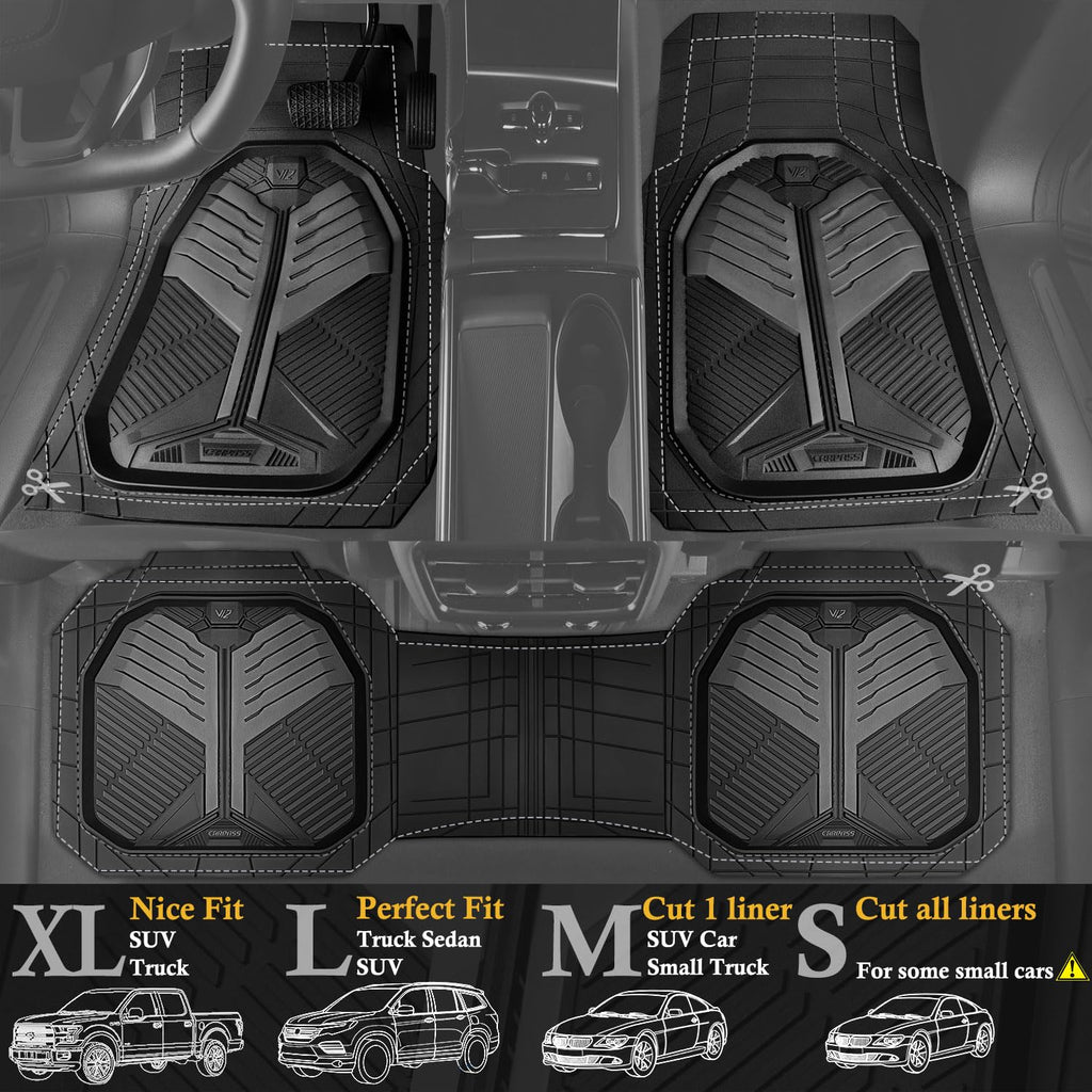 CAR PASS Heavy Duty Rubber Car Mats, Deep-Dish Odorless Car Floor Mats All Weather, Universal Trim-to-Fit for SUVs Trucks Sedans, Waterproof Anti-Slip, 3 Pieces V12 Black