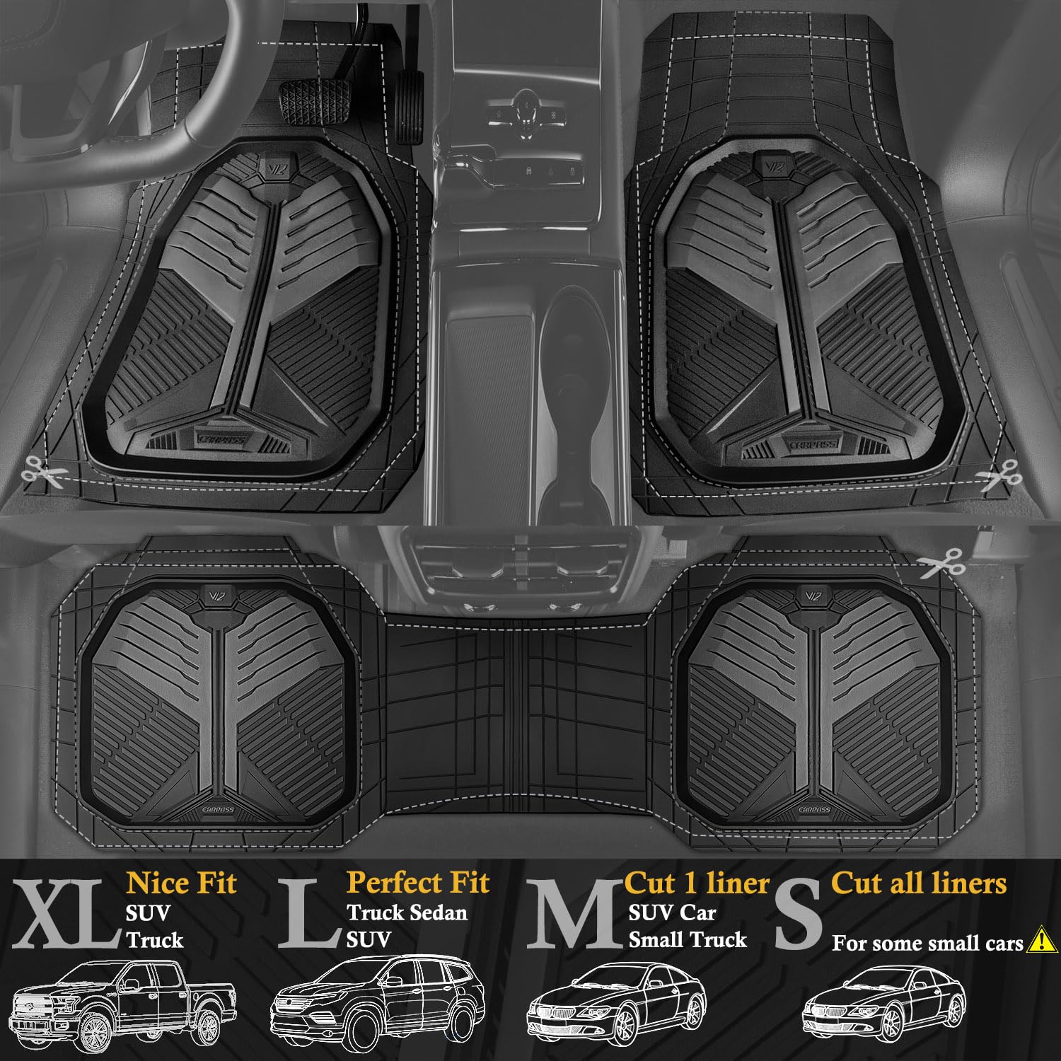 CAR PASS Heavy Duty Rubber Car Mats, Deep-Dish Odorless Car Floor Mats All Weather, Universal Trim-to-Fit for SUVs Trucks Sedans, Waterproof Anti-Slip, 3 Pieces V12 Black