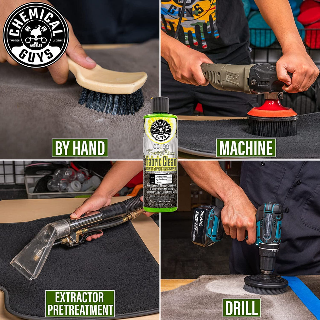 Chemical Guys, Citrus Foaming Fabric & Carpet Cleaner Drill Brush, 16 oz | Lifts coffee, food and pet stains and odors from carpet, mats and upholstery, drill brush agitates, citrus scent