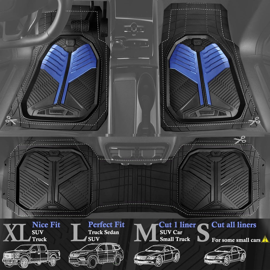 CAR PASS Heavy Duty Rubber Car Mats, Deep-Dish Odorless Car Floor Mats All Weather, Universal Trim-to-Fit for SUVs Trucks Sedans, Waterproof Anti-Slip, 3 Pieces V12 Black