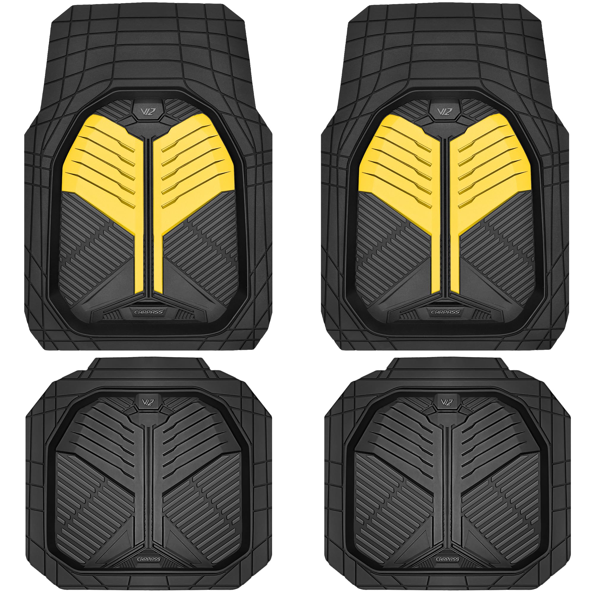 CAR PASS Heavy Duty Rubber Car Mats, Deep-Dish Odorless Car Floor Mats All Weather, Universal Trim-to-Fit for SUVs Trucks Sedans, Waterproof Anti-Slip, 3 Pieces V12 Black