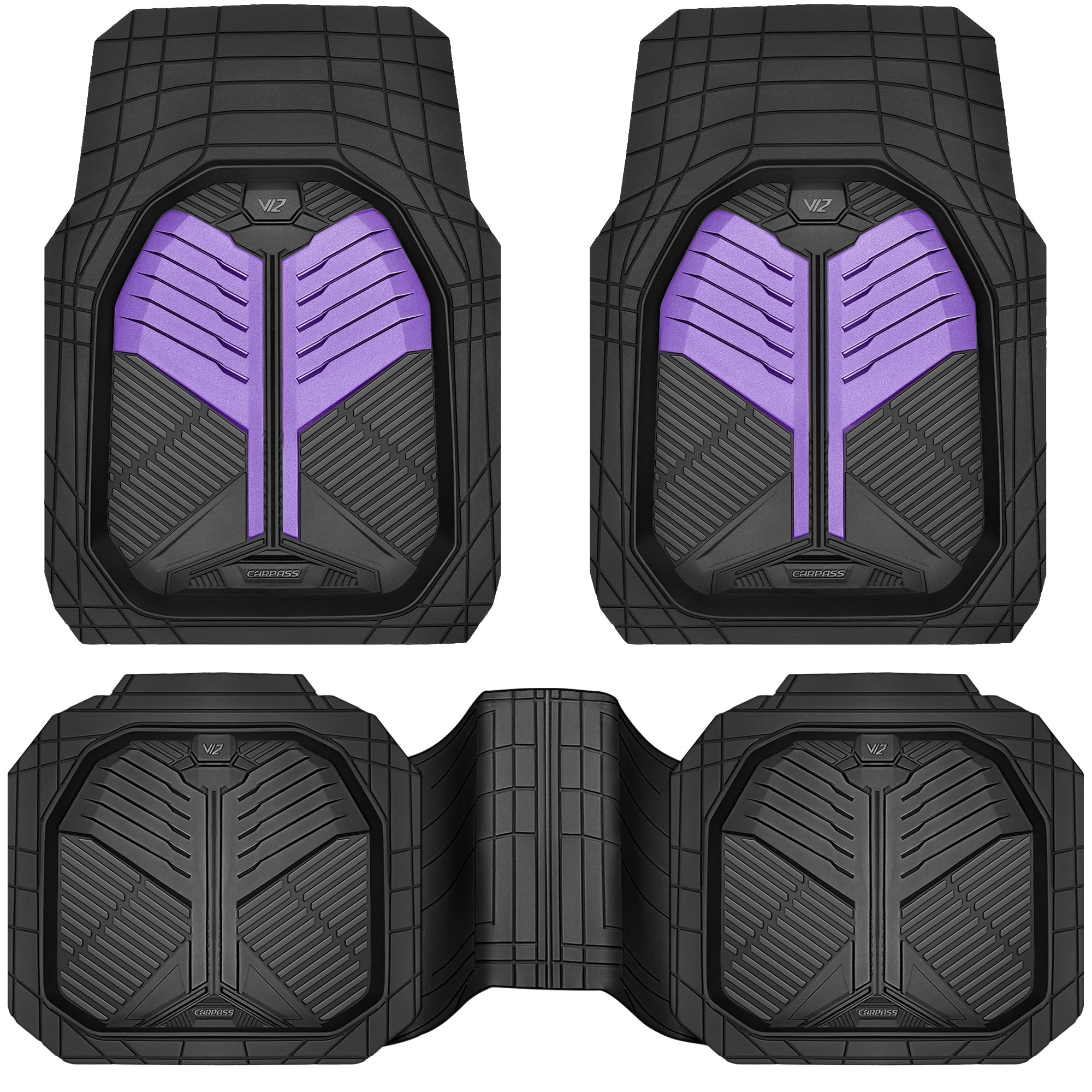 CAR PASS Heavy Duty Rubber Car Mats, Deep-Dish Odorless Car Floor Mats All Weather, Universal Trim-to-Fit for SUVs Trucks Sedans, Waterproof Anti-Slip, 3 Pieces V12 Black