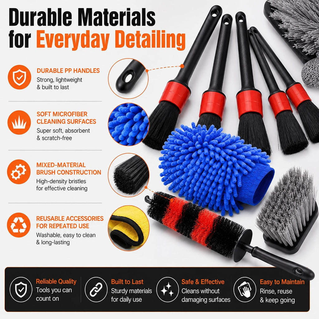 18-Piece Car Detailing Kit – Complete Car Interior Detailing Kit and Exterior Cleaning Set with Detail Brushes, Wire Brushes, Waxing Mop, and Microfiber Accessories for Vehicles