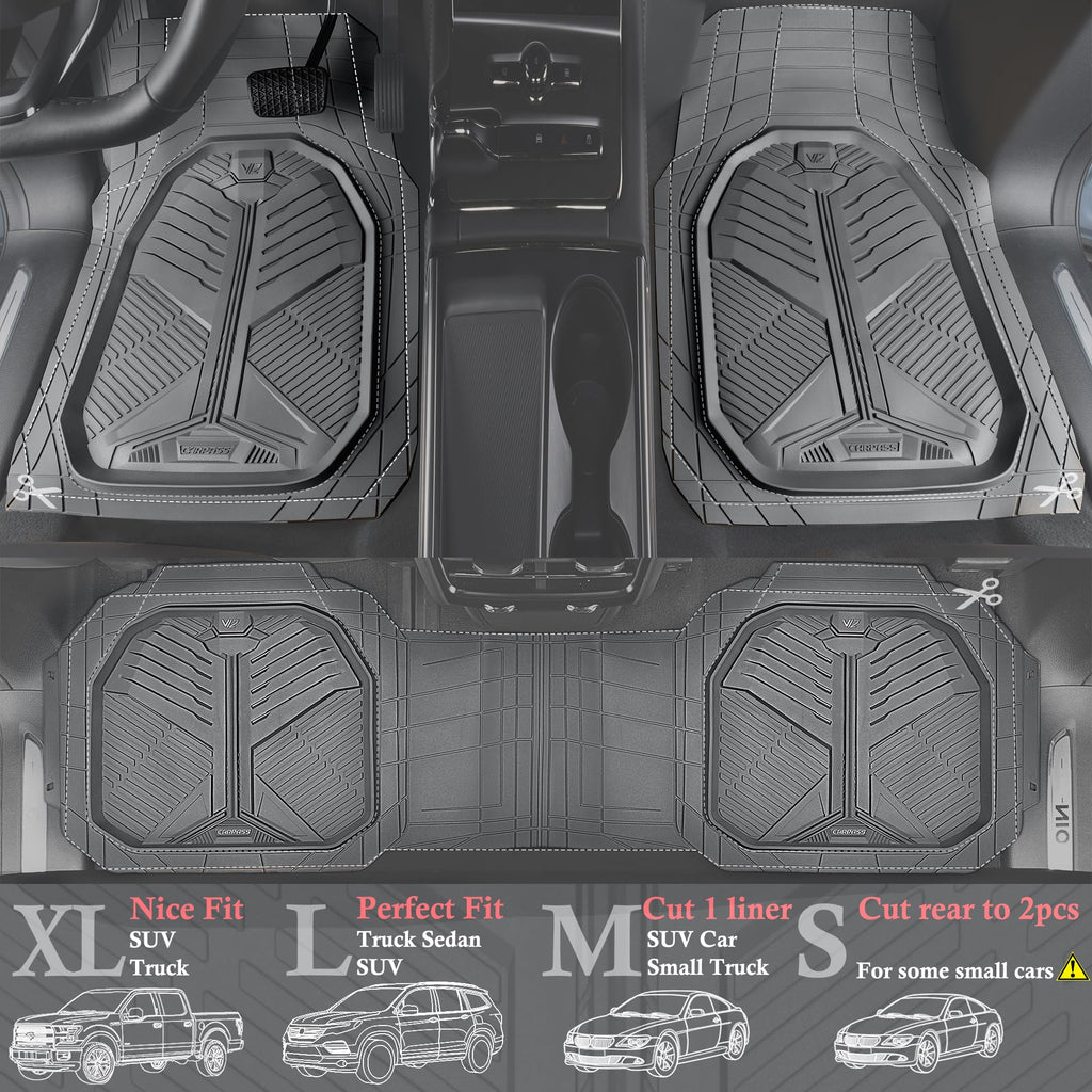 CAR PASS Heavy Duty Rubber Car Mats, Deep-Dish Odorless Car Floor Mats All Weather, Universal Trim-to-Fit for SUVs Trucks Sedans, Waterproof Anti-Slip, 3 Pieces V12 Black
