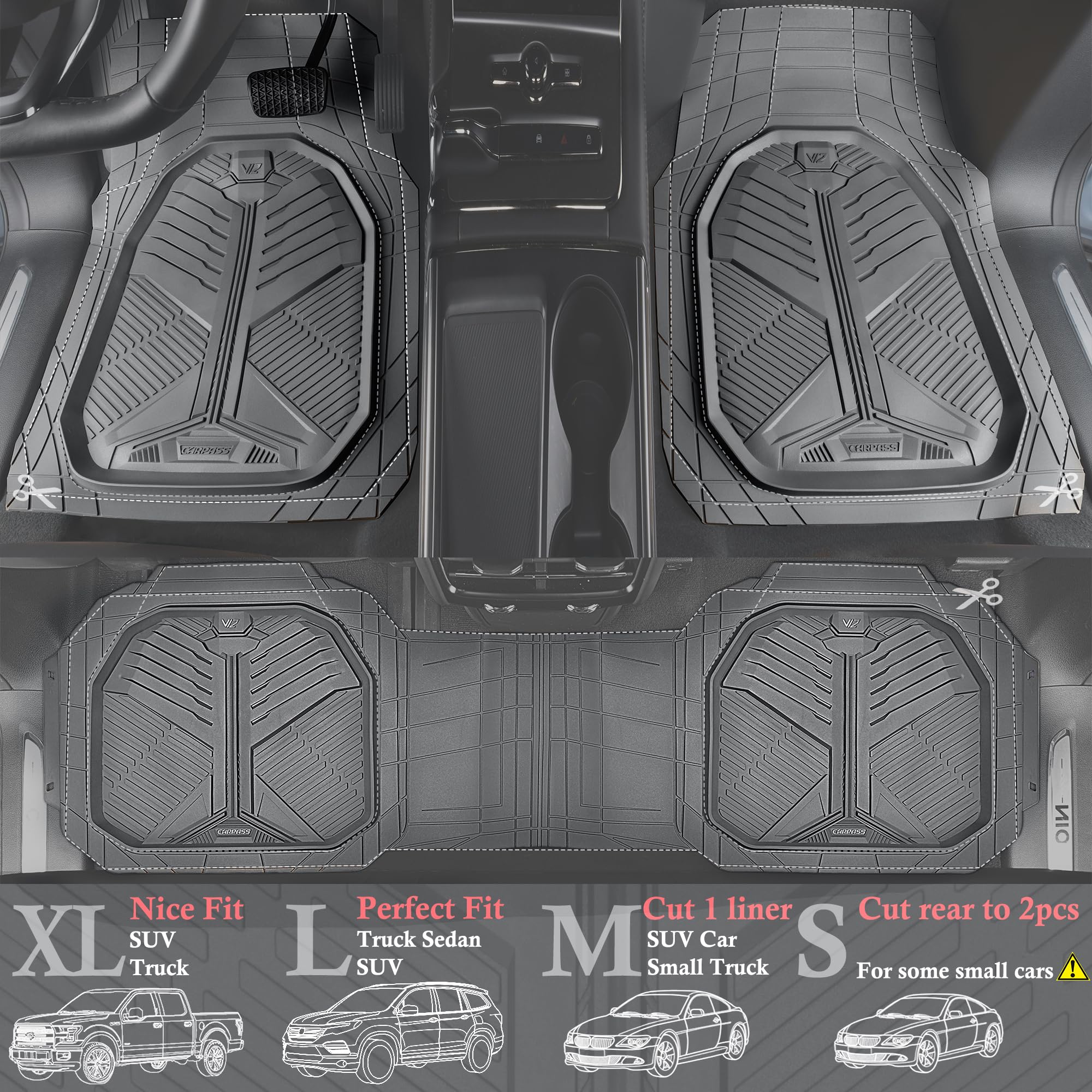 CAR PASS Heavy Duty Rubber Car Mats, Deep-Dish Odorless Car Floor Mats All Weather, Universal Trim-to-Fit for SUVs Trucks Sedans, Waterproof Anti-Slip, 3 Pieces V12 Black