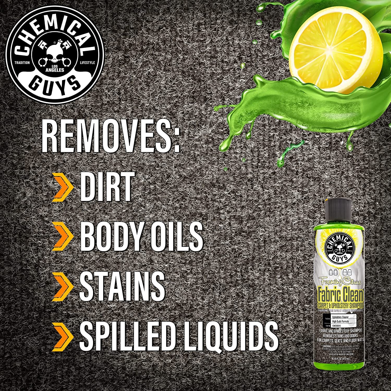 Chemical Guys, Citrus Foaming Fabric & Carpet Cleaner Drill Brush, 16 oz | Lifts coffee, food and pet stains and odors from carpet, mats and upholstery, drill brush agitates, citrus scent