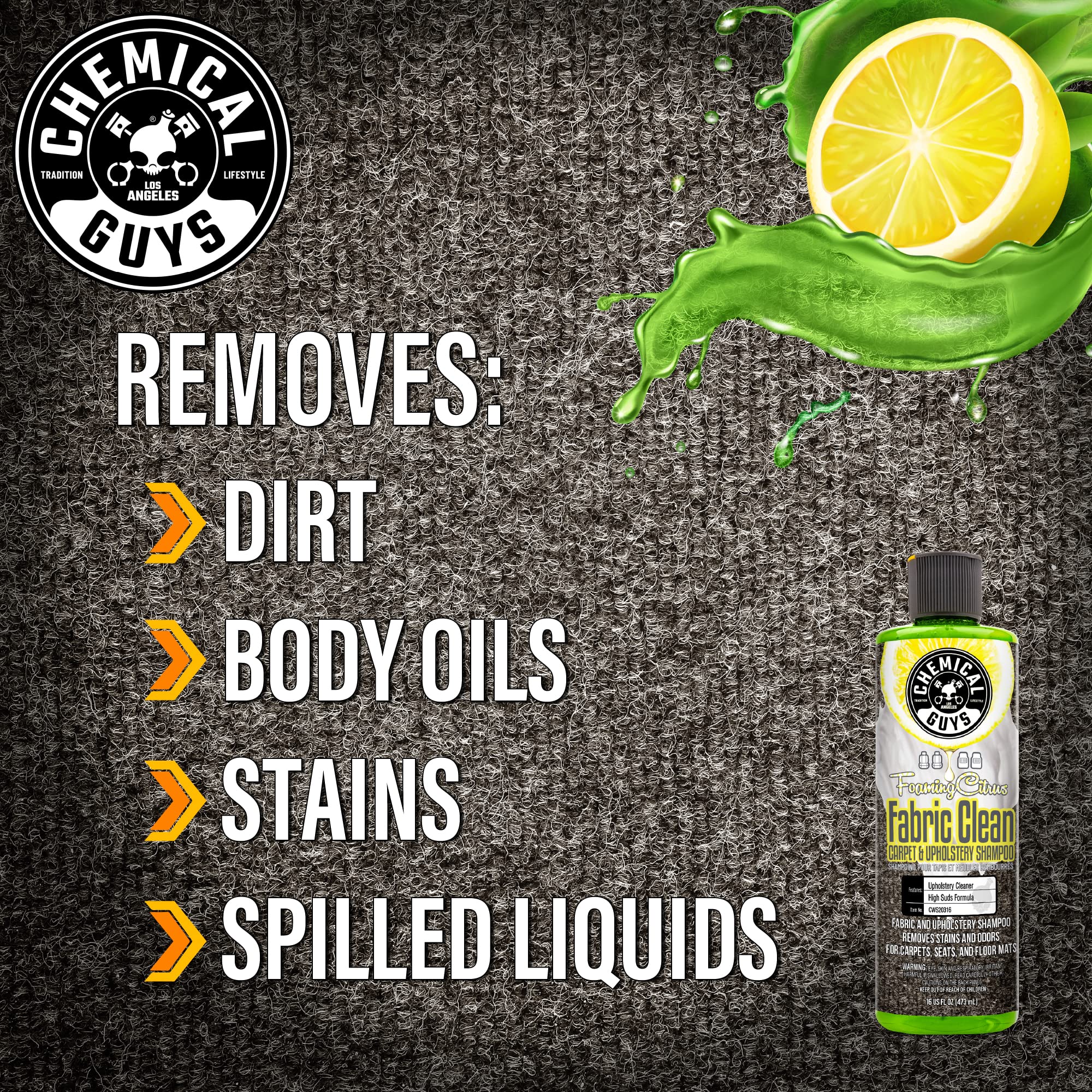 Chemical Guys, Citrus Foaming Fabric & Carpet Cleaner Drill Brush, 16 oz | Lifts coffee, food and pet stains and odors from carpet, mats and upholstery, drill brush agitates, citrus scent
