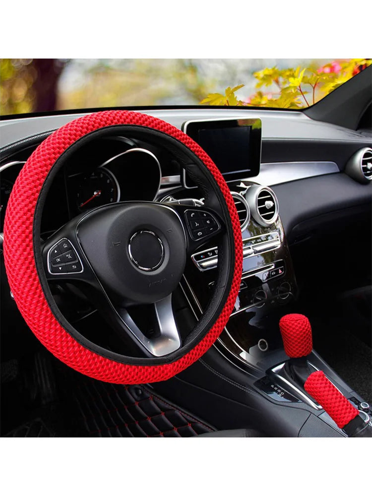 3 Car Massage Mesh Cloth Steering Wheel Cover Handbrake & Handle Cover Set Breathable No Inner Ring for 14.5-15 Inch Accessories