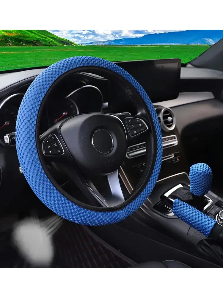 3 Car Massage Mesh Cloth Steering Wheel Cover Handbrake & Handle Cover Set Breathable No Inner Ring for 14.5-15 Inch Accessories